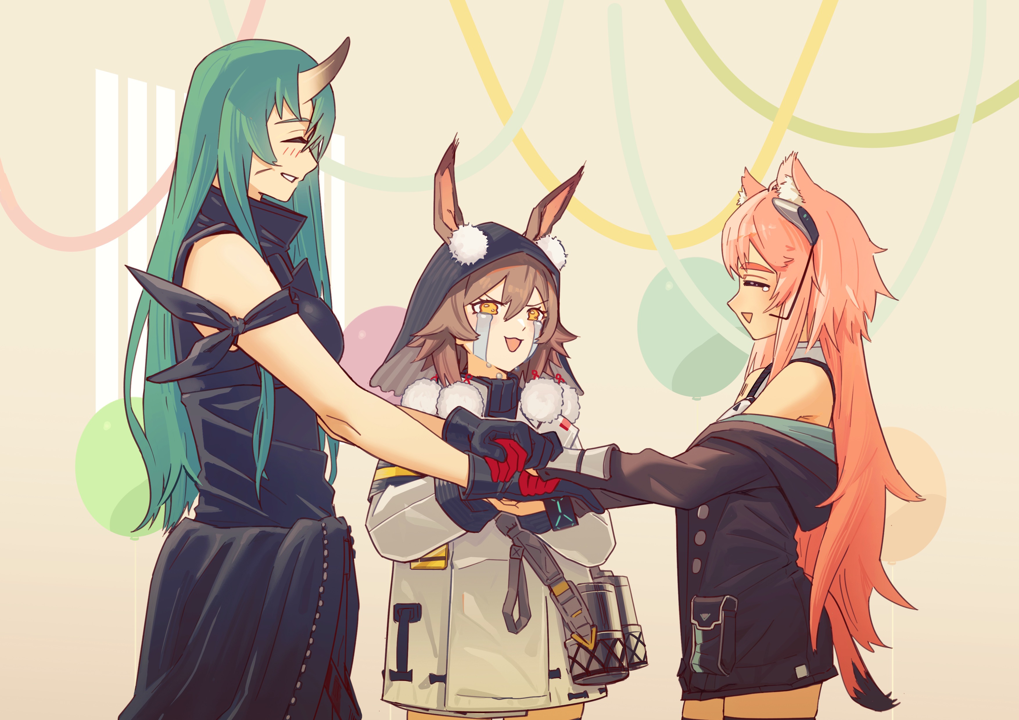 rongyuanfeida, caper (arknights), gravel (arknights), hoshiguma (arknights), infection monitor (arknights), arknights, absurdres, chinese commentary, commentary request, highres, 3girls, ^ ^, animal ear fluff, animal ears, balloon, bare shoulders, black gloves, black shirt, brown hair, brown jacket, brown tail, closed eyes, cowboy shot, crying, crying with eyes open, gloves, gradient hair, green hair, group picture, hair between eyes, holding hands, horns, jacket, long hair, long sleeves, looking at another, multicolored hair, multiple girls, off shoulder, open mouth, orange hair, orange tail, pink hair, pom pom (clothes), profile, red gloves, shirt, short hair, single horn, skin-covered horns, sleeveless, sleeveless shirt, smile, standing, streaming tears, tail, tearing up, tears, turtleneck, turtleneck shirt, two-tone hair, white jacket, yellow eyes