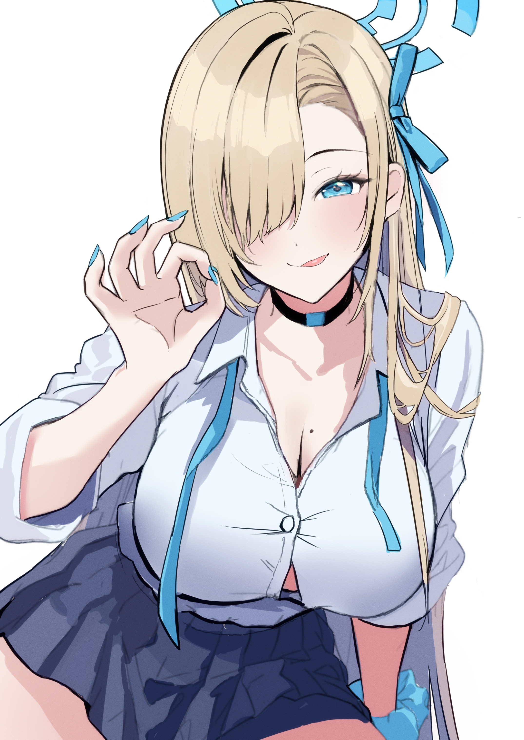 nakano kura, asuna (blue archive), asuna (school uniform) (blue archive), blue archive, absurdres, highres, 1girl, blonde hair, blue eyes, blue halo, blue ribbon, blue skirt, breasts, button gap, choker, cleavage, collarbone, fellatio gesture, hair over one eye, hair ribbon, halo, large breasts, long hair, looking at viewer, mole, mole on breast, ribbon, scrunchie, shirt, skirt, sleeves rolled up, solo, tongue, tongue out, very long hair, white shirt, wrist scrunchie