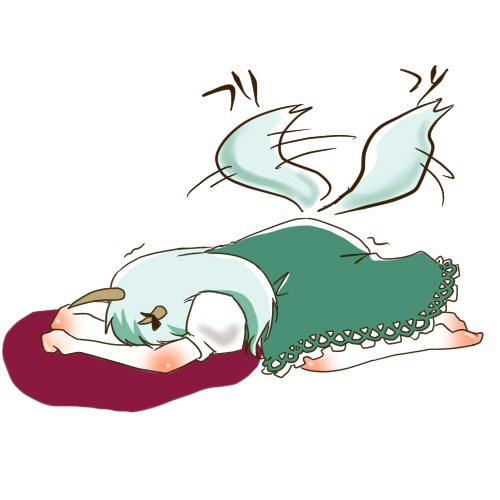 urita (vivivinicol), ex-keine, kamishirasawa keine, touhou, bad id, bad pixiv id, lowres, 1girl, barefoot, female focus, horns, lying, ribbon, simple background, solo, tail, tail wagging, white background