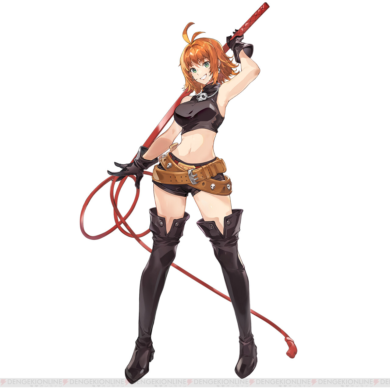 mila nebraska, dengeki, nexon, tales weaver, artist request, highres, official art, second-party source, 1girl, antenna hair, aqua eyes, aqua pupils, bare arms, bare shoulders, belt, belt buckle, belted shorts, black boots, black gloves, black shirt, black shorts, boots, breasts, brown belt, buckle, colored eyelashes, company name, crop top, cropped shirt, crossed belts, dengeki online, earrings, english text, facing viewer, full body, gloves, gold buckle, hair between eyes, hair intakes, holding, holding behind back, holding weapon behind back, holding whip, jewelry, legs apart, looking at viewer, medium breasts, medium hair, midriff, multiple belts, narrow waist, navel, necklace, open hand, orange hair, red belt, shirt, short shorts, shorts, simple background, skinny, skull belt, skull earrings, skull necklace, sleeveless, sleeveless shirt, solo, standing, straight hair, studded belt, teeth, thigh boots, tsurime, turtleneck, turtleneck shirt, upper teeth only, watermark, white background