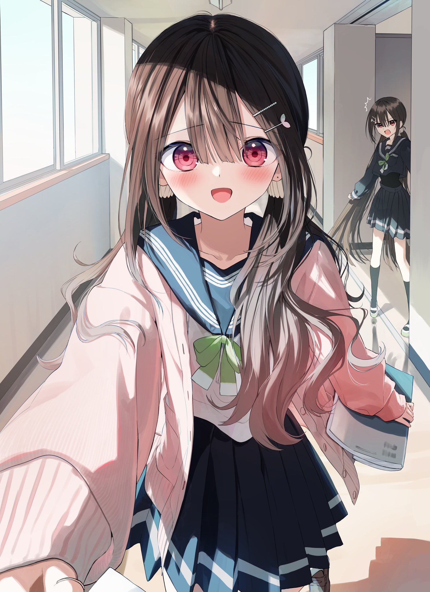 pentagon (railgun ky1206), original, commentary request, highres, 2girls, :d, ^^^, black serafuku, black shirt, black skirt, blue sailor collar, blue sky, blush, bow, brown hair, cardigan, day, futaba akane (pentagon), futaba kohane (pentagon), green bow, hair between eyes, hair ornament, hairclip, indoors, long hair, long sleeves, looking at viewer, low twintails, multiple girls, open cardigan, open clothes, open mouth, pink cardigan, pleated skirt, puffy long sleeves, puffy sleeves, red eyes, sailor collar, school uniform, serafuku, shirt, siblings, sisters, skirt, sky, sleeves past wrists, smile, twintails, very long hair, white shirt, window