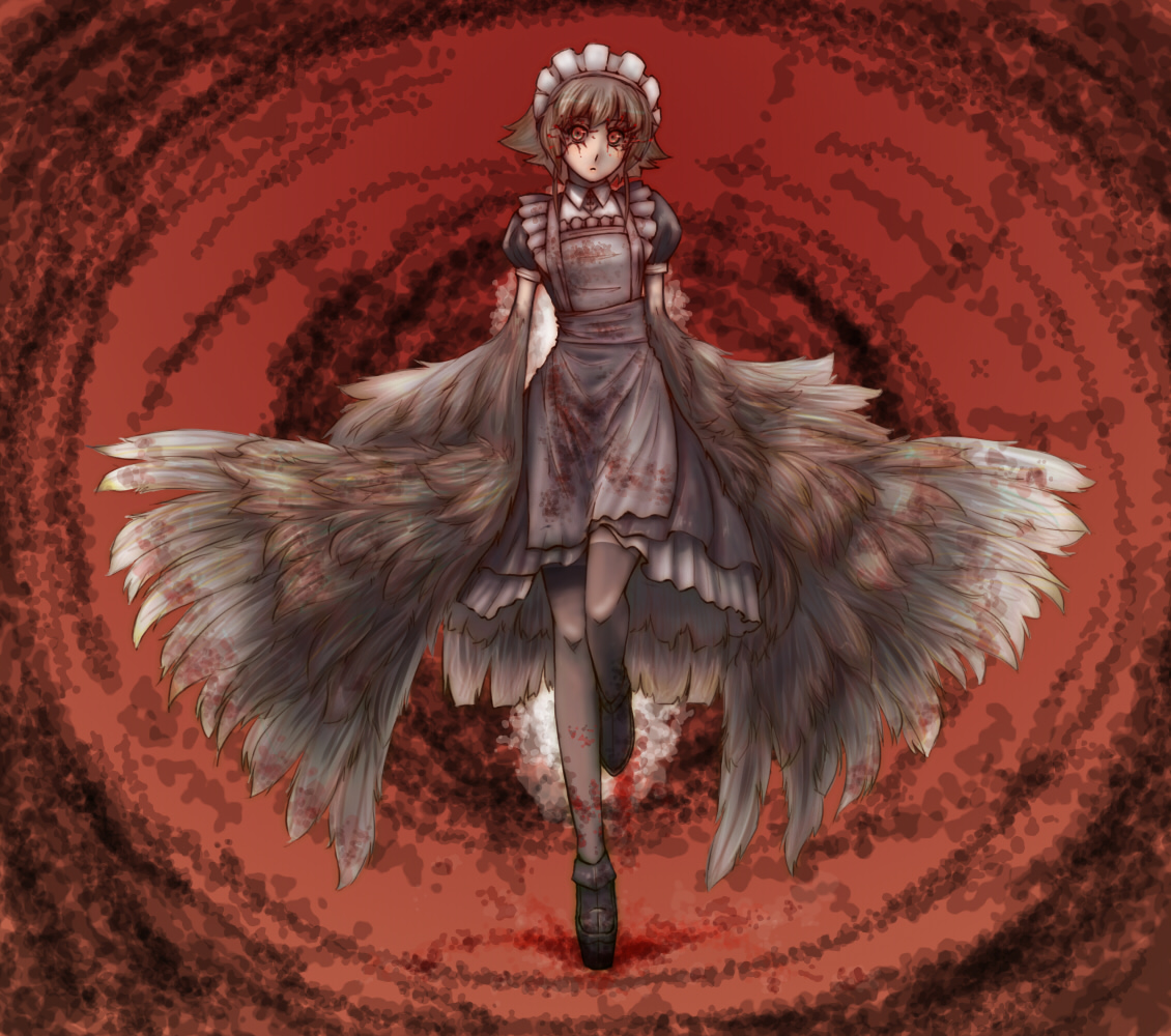 gustav (telomere na), yabai, futaba channel, nijiura maids, 1girl, blood, brown hair, creepy, female focus, harpy, horror (theme), maid, monster girl, red eyes, short hair, solo, thighhighs, winged arms, wings