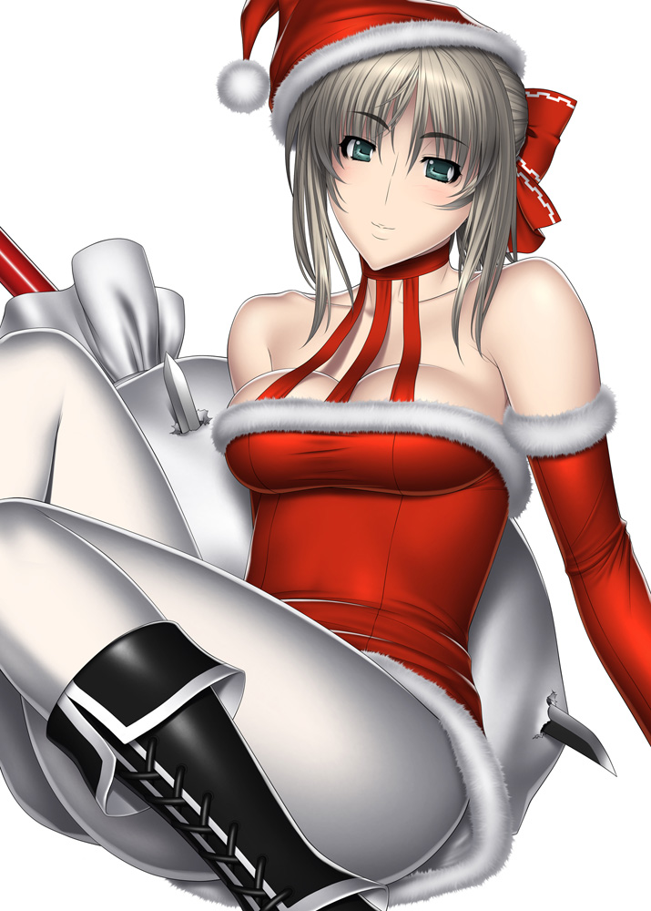 kansuke, cassandra alexandra, soul calibur, 1girl, bare shoulders, blush, boots, breasts, choker, christmas, cleavage, elbow gloves, female focus, gloves, hat, medium breasts, pantyhose, red gloves, santa costume, santa hat, smile, solo, sword, weapon, white pantyhose