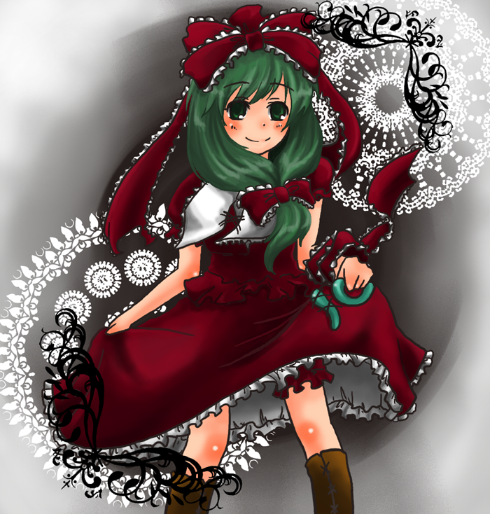urita (vivivinicol), kagiyama hina, touhou, 1girl, bloomers, boots, clothes lift, dress, dress lift, female focus, front ponytail, green eyes, green hair, hair ribbon, matching hair/eyes, ribbon, skirt hold, solo, underwear