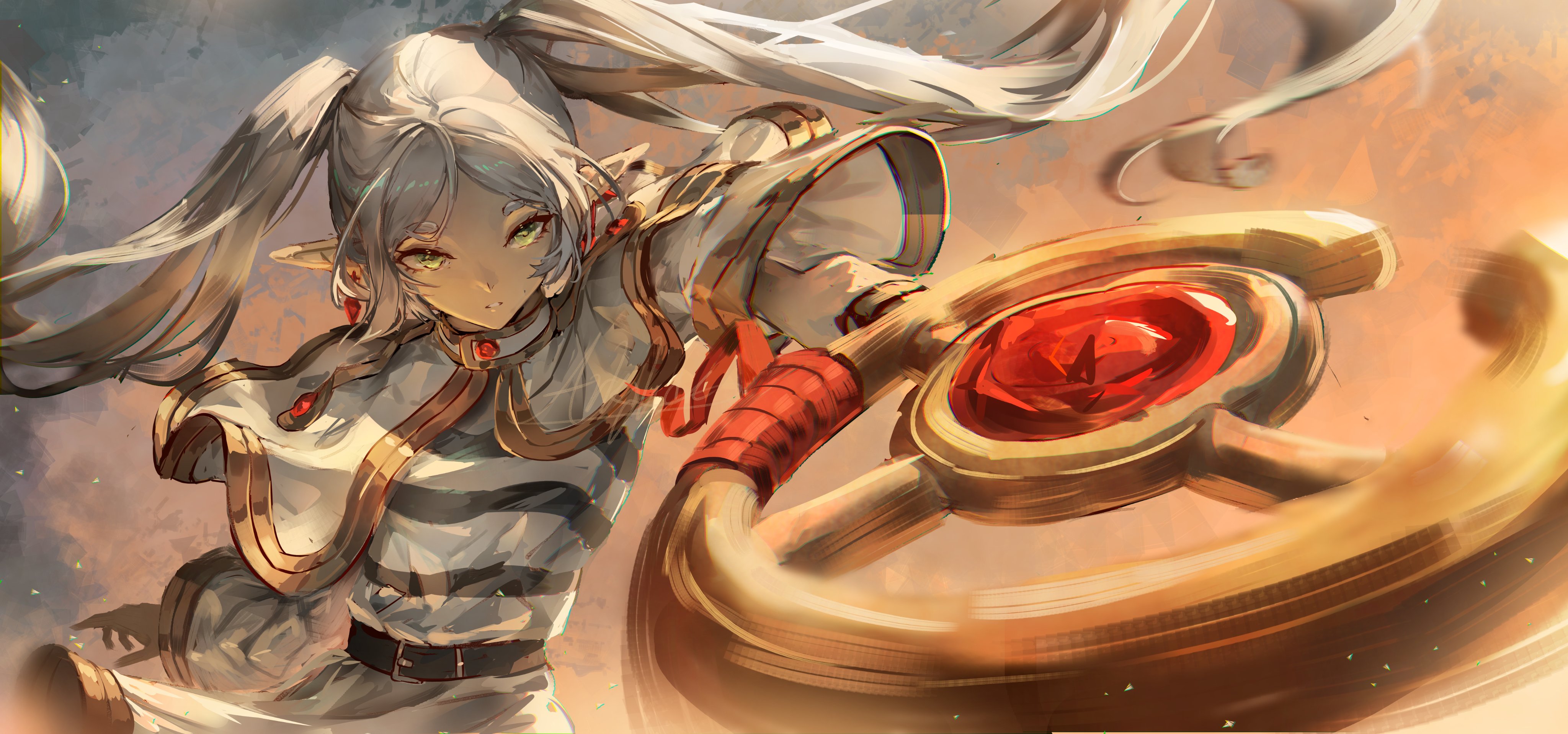 arkilide, frieren, sousou no frieren, absurdres, commentary, english commentary, highres, 1girl, belt, black belt, capelet, closed mouth, earrings, elf, foreshortening, green eyes, hair lift, holding, holding staff, jewelry, long hair, mage staff, parted bangs, pointy ears, solo, staff, teardrop earrings, thick eyebrows, twintails, white capelet, white hair, wide sleeves