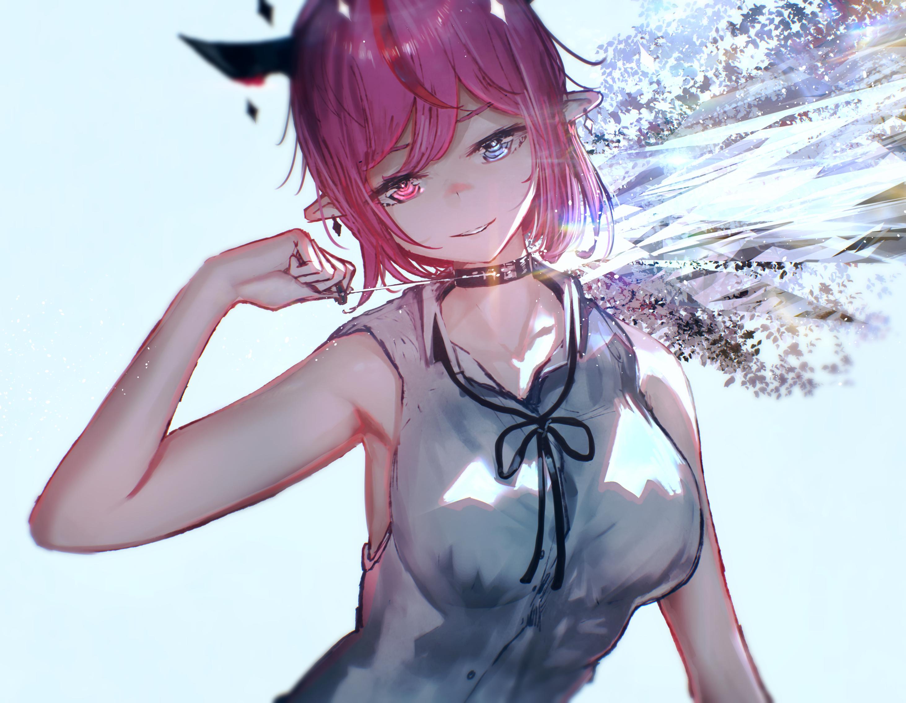 advarcher, irys (hololive), reze (chainsaw man), chainsaw man, hololive, hololive english, highres, 1girl, bare shoulders, blue eyes, breasts, cosplay, large breasts, multicolored hair, pointy ears, purple eyes, purple hair, red hair, reze (chainsaw man) (cosplay), shirt, simple background, solo, streaked hair, two-tone hair, upper body, virtual youtuber, white background, white shirt