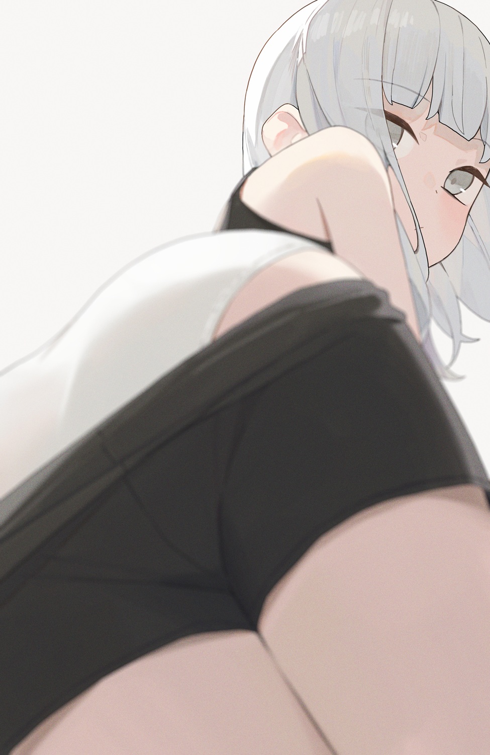 hiroki (yyqw7151), original, highres, 1girl, ass, black shorts, blurry, blurry foreground, closed mouth, clothes pull, depth of field, grey background, grey eyes, grey hair, looking at viewer, looking back, panties, shorts, shorts pull, solo, thighs, underwear, white panties