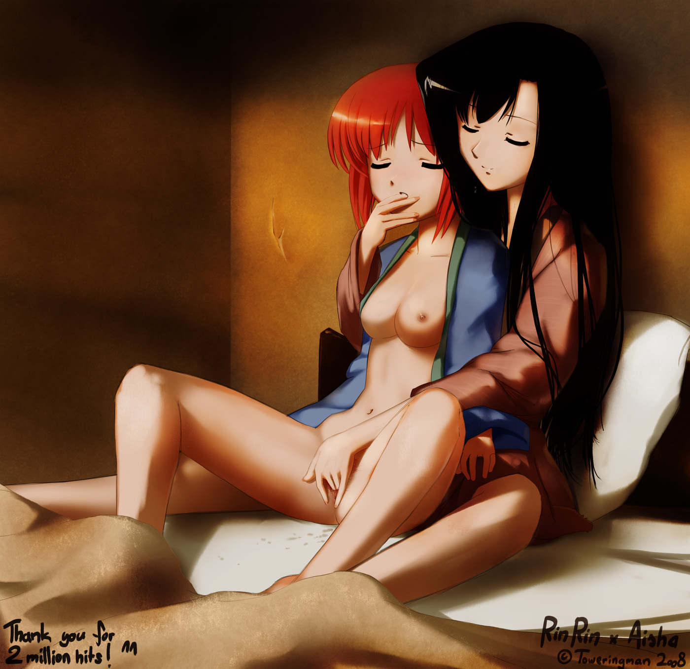 toweringman, chouhi (koihime musou), kan'u (koihime musou), koihime musou, highres, 00s, 2girls, artist name, black hair, bottomless, breasts, closed eyes, collarbone, couple, cuddling, female focus, finger in another's mouth, finger sucking, fingering, hair down, happy, happy sex, legs, long hair, medium breasts, milestone celebration, multiple girls, mutual fingering, mutual masturbation, no bra, open clothes, open shirt, pillow, pubic hair, pussy, pussy juice, pussy juice stain, reach-around, red hair, shirt, short hair, smile, spread legs, text focus, uncensored, yuri