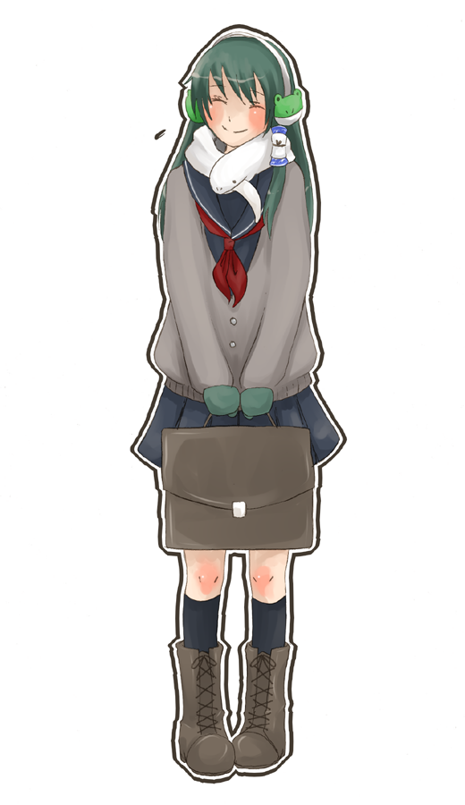 urita (vivivinicol), kochiya sanae, touhou, bad id, bad pixiv id, 1girl, alternate costume, bag, boots, cardigan, contemporary, earmuffs, female focus, gloves, green hair, scarf, school bag, school uniform, serafuku, skirt, smile, snake, socks, solo