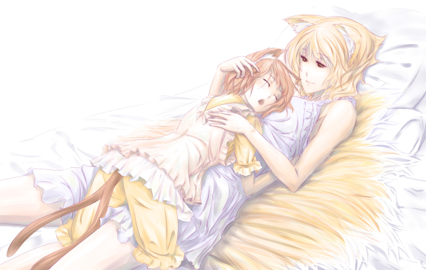 gustav (telomere na), chen, yakumo ran, touhou, 2girls, animal ears, ass, blonde hair, brown eyes, brown hair, cat ears, cat girl, cat tail, female focus, fox ears, fox tail, multiple girls, pajamas, short hair, sleeping, tail