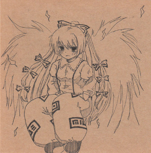 urita (vivivinicol), fujiwara no mokou, touhou, bad id, bad pixiv id, traditional media, 1girl, female focus, hair ribbon, monochrome, orange background, pants, ribbon, solo, suspenders, wings