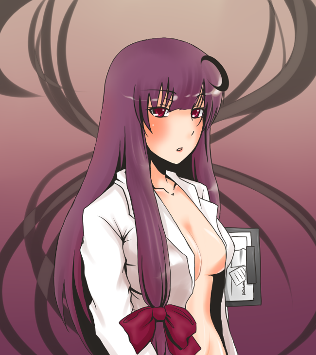 urita (vivivinicol), patchouli knowledge, touhou, bad id, bad pixiv id, 1girl, breasts, cleavage, crescent, crescent hair ornament, female focus, hair ornament, long hair, no bra, open clothes, open shirt, purple hair, red eyes, ribbon, shirt, solo