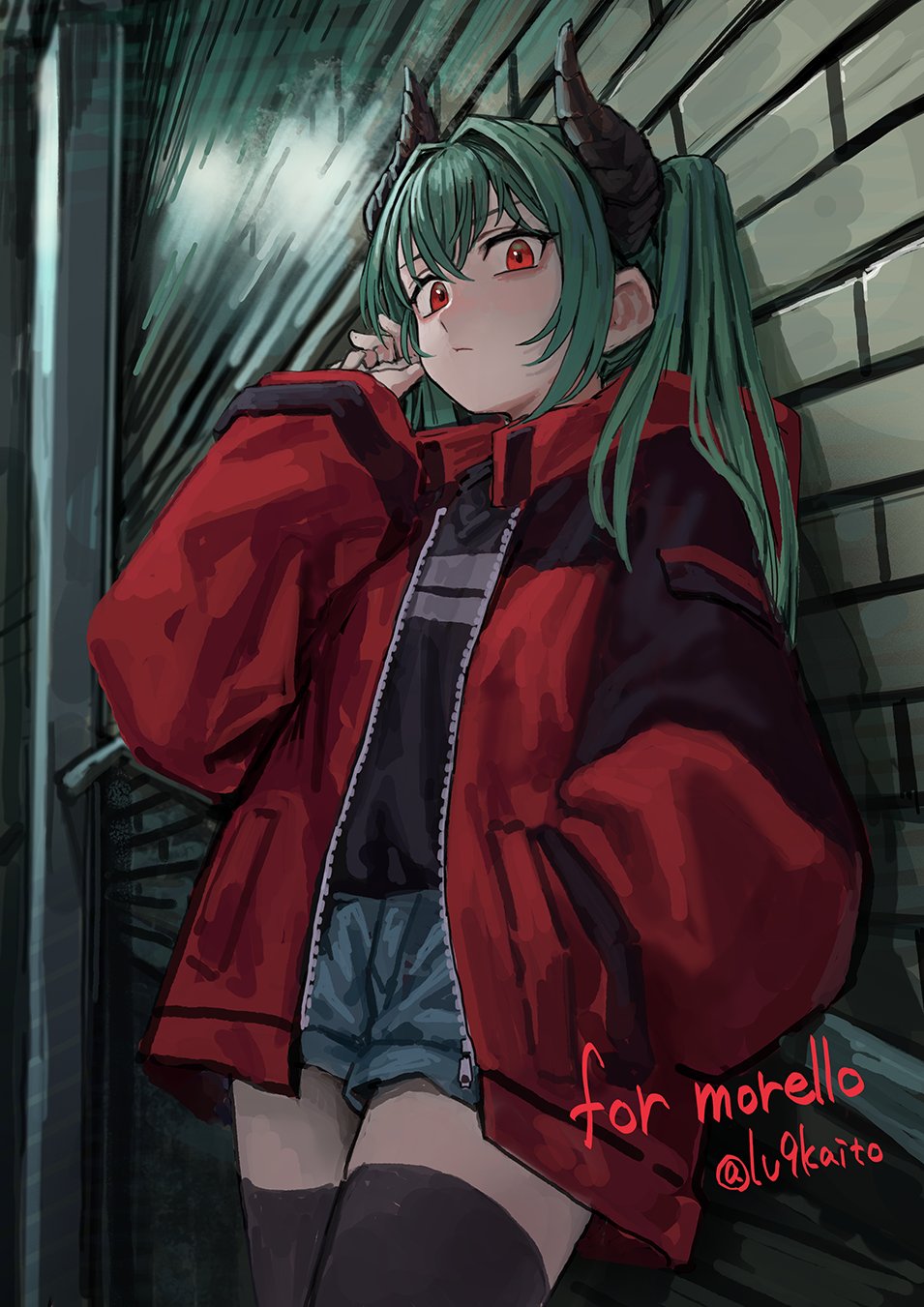 level9kaito, original, commentary, commission, english commentary, highres, skeb commission, 1girl, aqua hair, black horns, black shirt, black thighhighs, blue shorts, borrowed character, closed mouth, commissioner name, double-parted bangs, hair between eyes, hand in pocket, hand up, horns, jacket, long hair, looking at viewer, morello (morellostorment), open clothes, open jacket, outdoors, red eyes, red jacket, shirt, shorts, sleeves past wrists, solo, thighhighs, twintails, twitter username
