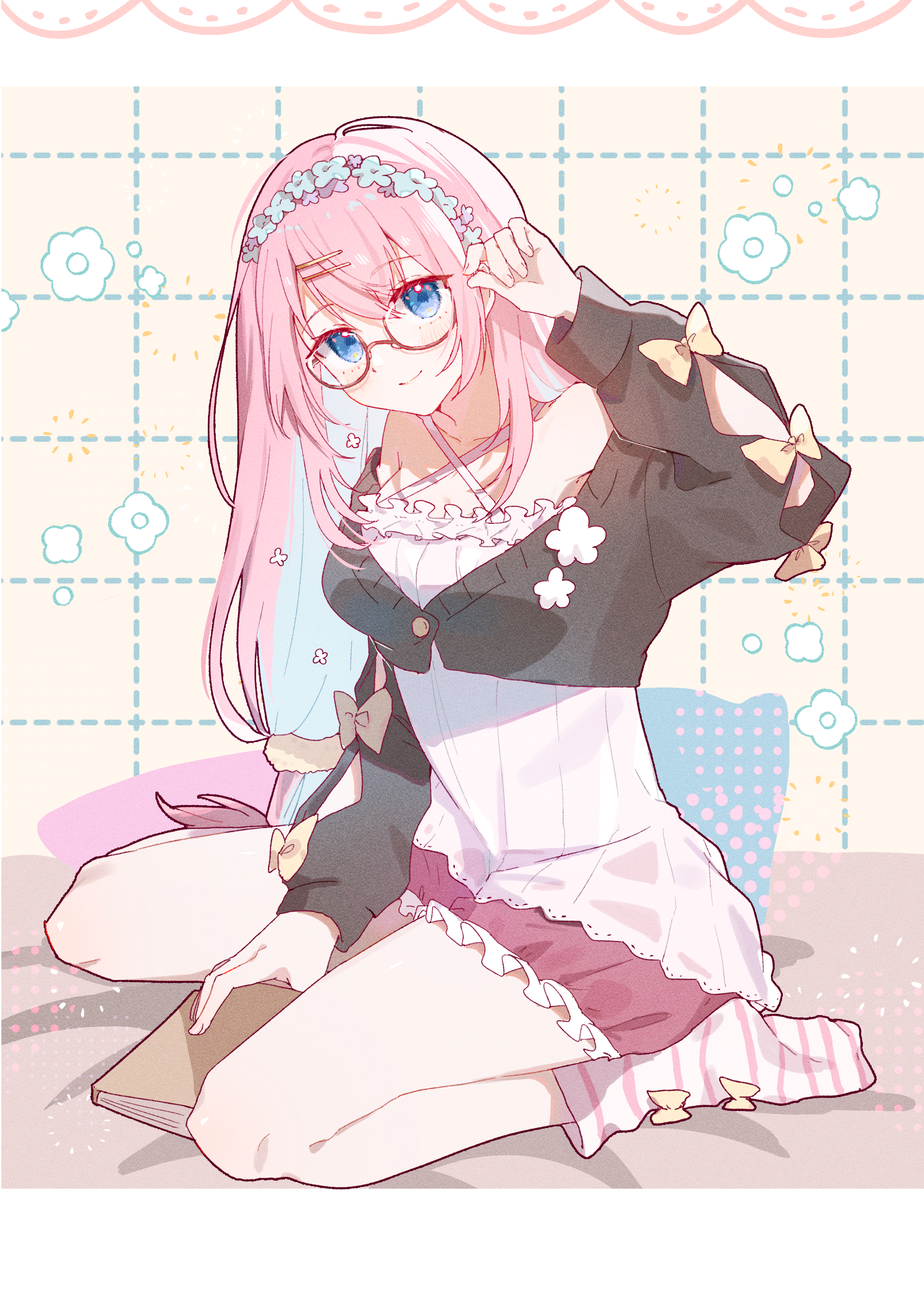 kuritiizu, megurine luka, vocaloid, absurdres, commentary request, highres, 1girl, adjusting eyewear, arm cutout, arm up, armpit peek, bare shoulders, between legs, black cardigan, black skirt, blue eyes, blush, book, bow, bow legwear, cardigan, clothing cutout, collarbone, criss-cross halter, cropped cardigan, flower hairband, frilled skirt, frills, full body, glasses, grid background, hair between eyes, hair ornament, hairclip, halterneck, hand between legs, holding, holding book, long hair, long sleeves, looking at viewer, parallel hairclips, pink hair, red-framed eyewear, semi-rimless eyewear, shirt, sidelocks, sitting, skirt, smile, socks, solo, striped clothes, striped socks, thighs, very long hair, wariza, white shirt, yellow bow