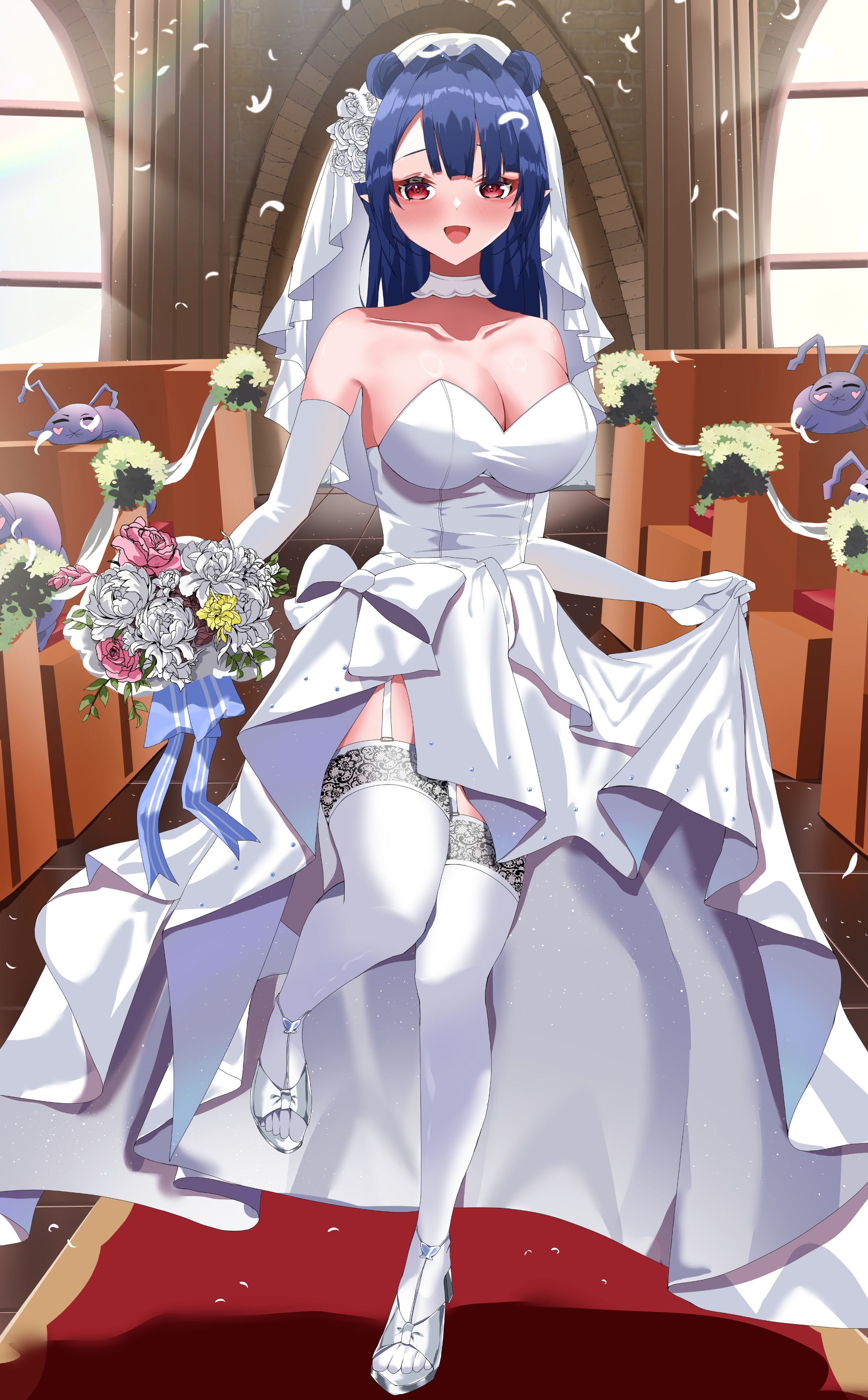 mon monn, dizzy dokuro, phase connect, absurdres, highres, 1girl, bare shoulders, blue hair, bouquet, breasts, cleavage, dress, flower, full body, garter straps, holding, holding bouquet, large breasts, long hair, red eyes, solo, strapless, strapless dress, thighhighs, veil, virtual youtuber, wedding, wedding dress, white dress, white thighhighs, white veil