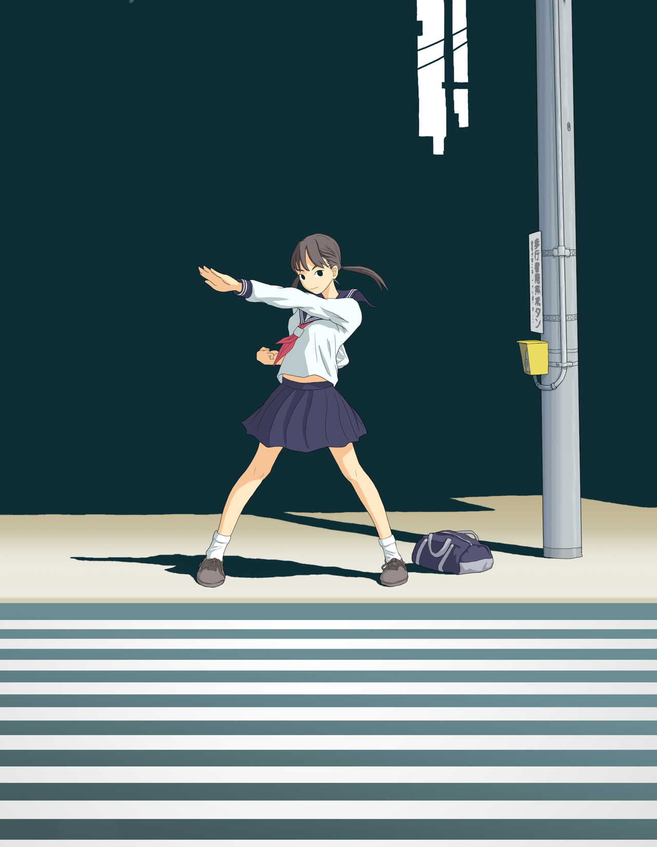 flash tomo, original, highres, 1girl, aqua background, bag, city, crosswalk, dark, female focus, fighting stance, green background, henshin, henshin pose, outstretched arm, school bag, school uniform, serafuku, shadow, simple background, skirt, solo, urban, utility pole