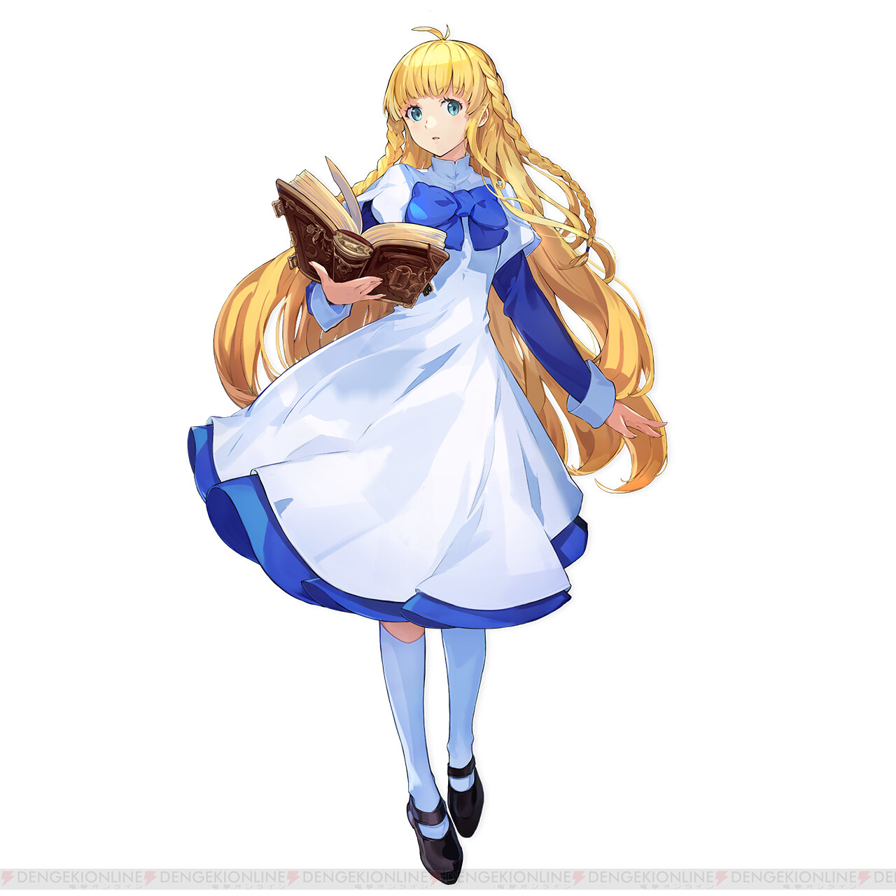 tichiel juspian, dengeki, nexon, tales weaver, artist request, highres, official art, second-party source, 1girl, aqua eyes, arm at side, blue bow, blue dress, blue sleeves, blunt bangs, blunt ends, blush, book, bow, braid, breasts, company name, dengeki online, dot nose, dress, dress shoes, english text, facing viewer, full body, holding, holding book, impasto, kneehighs, layered dress, layered sleeves, legs apart, light blush, long hair, long sleeves, low-braided long hair, low-tied long hair, mary janes, medium breasts, medium dress, open book, open mouth, pages, shoes, short over long sleeves, short sleeves, simple background, sleeve cuffs, socks, solo, standing, standing on one leg, tachi-e, teeth, twin braids, twintails, very long hair, white background, white dress, white sleeves, white socks