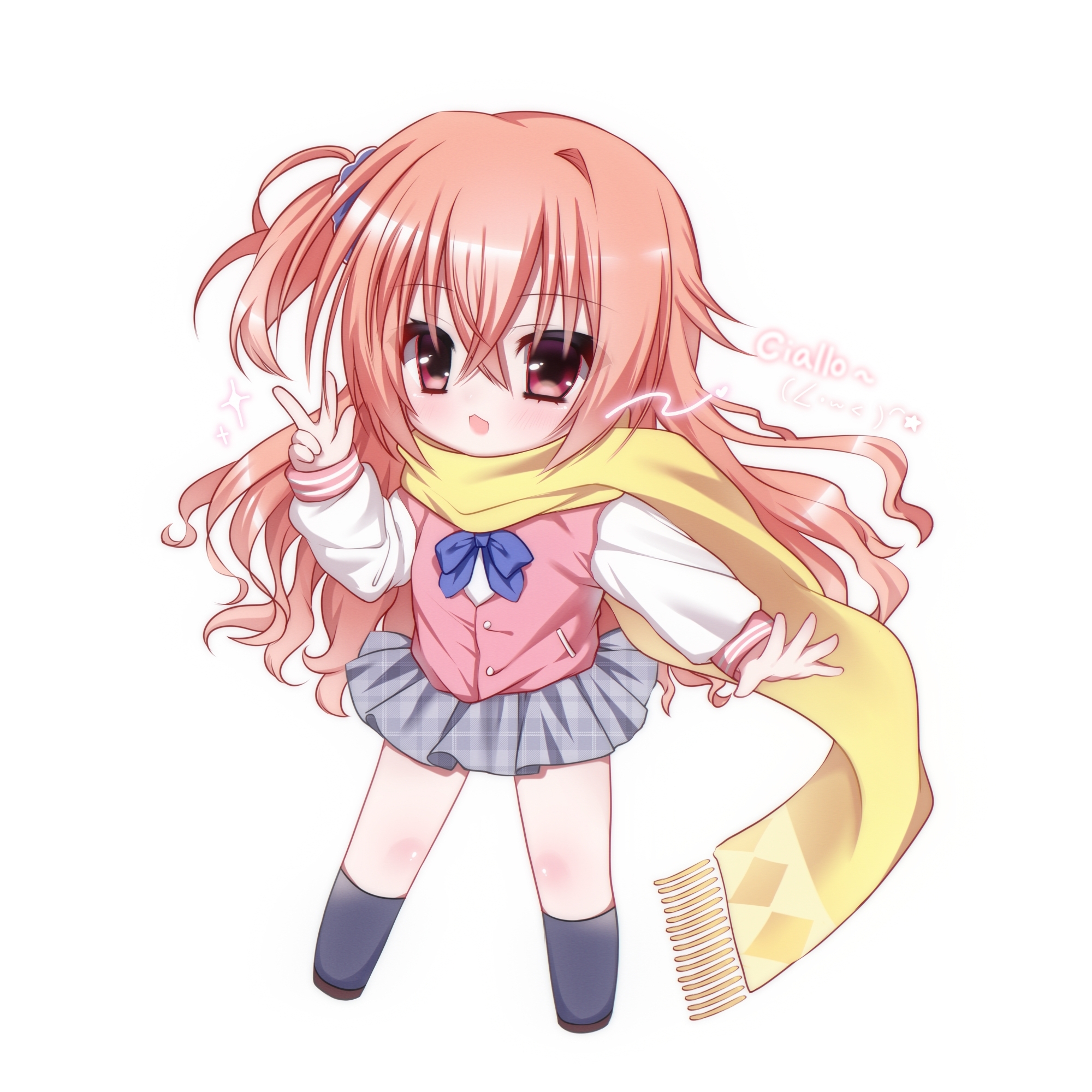 inaba meguru, sanoba witch, chinese commentary, commentary request, highres, 1girl, black socks, blue bow, blue bowtie, blue scrunchie, blush, bow, bowtie, charo (meme), chibi, chibi only, crossed bangs, fringe trim, full body, grey skirt, hair between eyes, hair ornament, hair scrunchie, hand up, jacket, kneehighs, letterman jacket, long hair, long scarf, looking at viewer, meme, miniskirt, nekokawa inori, one side up, open mouth, orange hair, outstretched hand, pink jacket, plaid clothes, plaid skirt, pleated skirt, red eyes, scarf, school uniform, scrunchie, sidelocks, simple background, single hair intake, skirt, sleeves past wrists, smile, socks, solo, sparkle, standing, star (symbol), v, very long hair, white background, white sleeves, yellow scarf