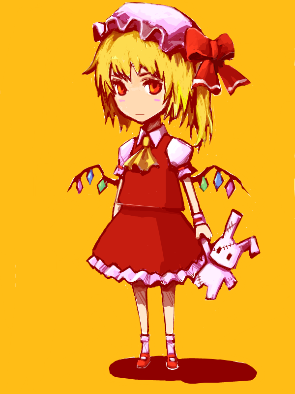 hironox, flandre scarlet, touhou, bad drawr id, bad id, 1girl, blonde hair, blouse, collared shirt, female focus, full body, hat, mob cap, oekaki, orange background, red eyes, red shoes, shirt, shoes, simple background, socks, solo, standing, vampire, white hat, white shirt, white socks, wings