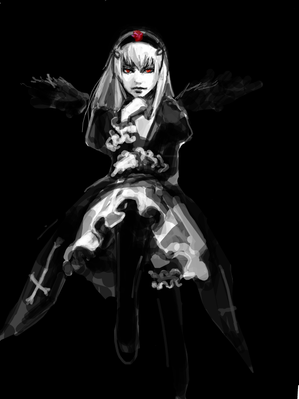 hironox, suigintou, rozen maiden, bad drawr id, bad id, 00s, 1girl, black background, chair, dark, dress, female focus, greyscale, long hair, long sleeves, looking at viewer, monochrome, oekaki, red eyes, sidelocks, simple background, solo, very long hair, wings