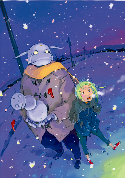 miyashita hiroki, kashiwagi mana, monju, seigi keikan monju, 1boy, 1girl, :o, black eyes, green hair, long sleeves, monster, open mouth, short hair, snow, snowing, snowman, standing