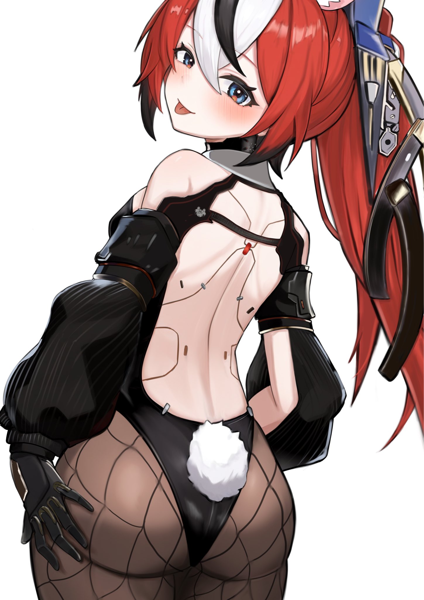 dorahd01, hakos baelz, hololive, hololive english, stellar blade, highres, 1girl, animal ears, black hair, blue eyes, cyborg, fake tail, fishnet pantyhose, fishnets, from behind, highleg, highleg leotard, leotard, long hair, mouse ears, mouse girl, multicolored hair, pantyhose, playboy bunny, rabbit tail, red hair, solo, strapless, strapless leotard, streaked hair, tail, virtual youtuber, white hair