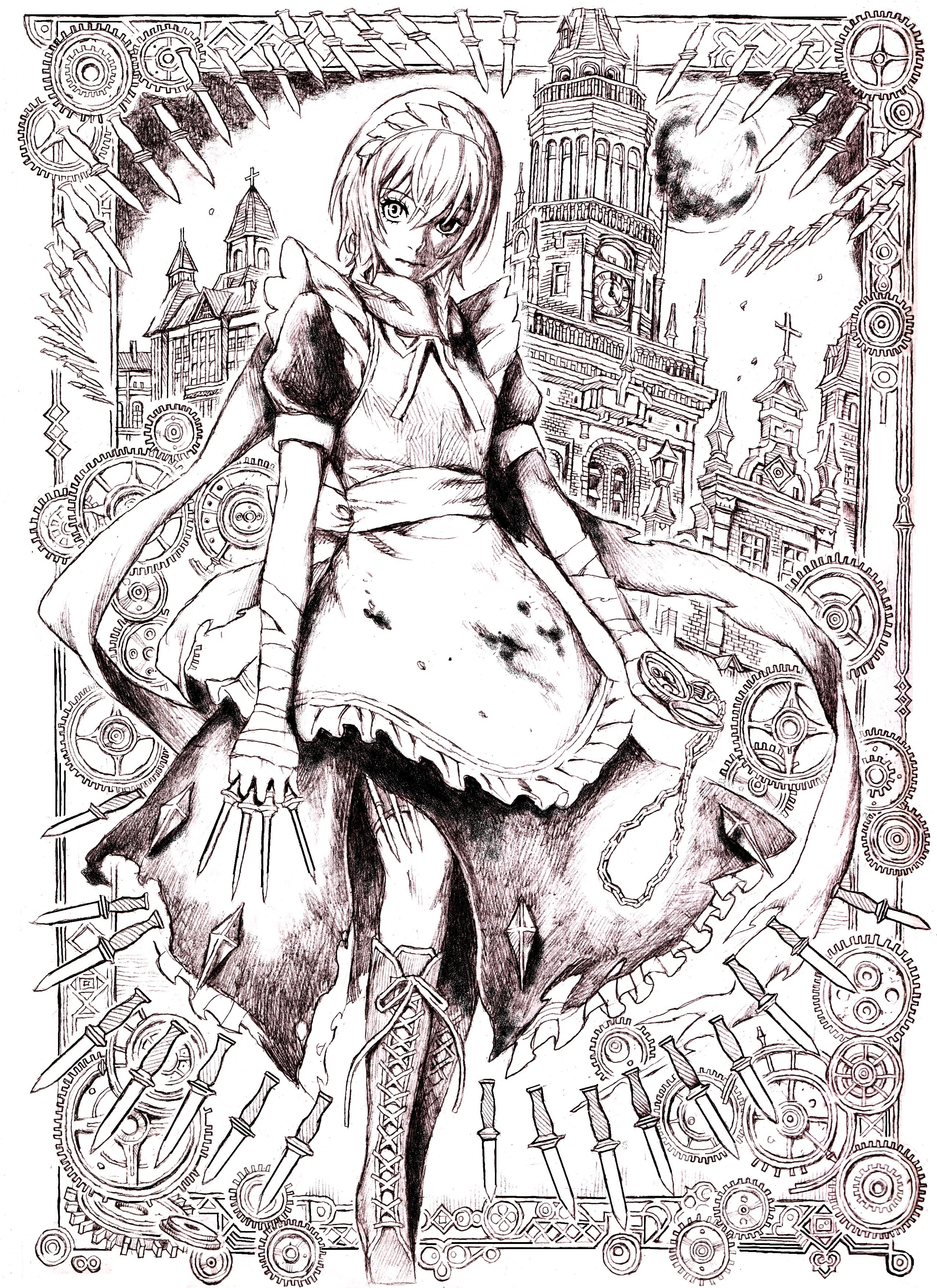 nobita (makoto7060355), izayoi sakuya, touhou, absurdres, highres, 1girl, between fingers, boots, brown theme, female focus, gears, holding, knife, maid, monochrome, outdoors, solo, steampunk, throwing knife, weapon, white background