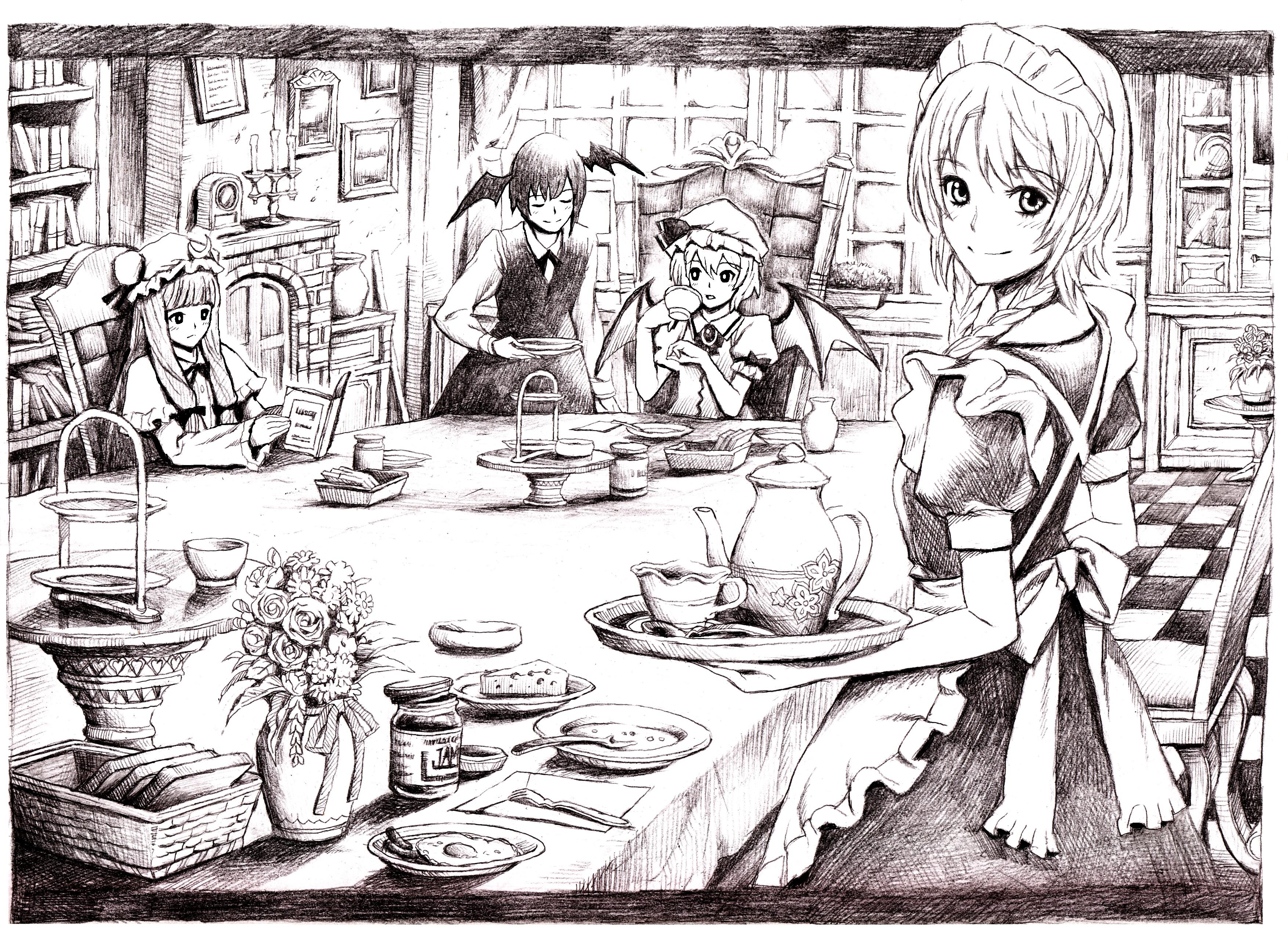 nobita (makoto7060355), izayoi sakuya, koakuma, patchouli knowledge, remilia scarlet, embodiment of scarlet devil, touhou, absurdres, bad id, bad pixiv id, highres, 4girls, book, braid, brown theme, cup, female focus, greyscale, monochrome, multiple girls, short hair, table, teacup, tiered tray, vampire, wings