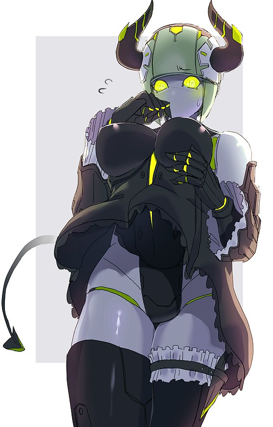 hakidashi 11, phantasy star, phantasy star online 2, 1girl, bare shoulders, black dress, black horns, black tail, colored skin, cowboy shot, demon girl, demon horns, demon tail, dress, green eyes, green hair, grey skin, horns, robot girl, simple background, solo, tail, white background