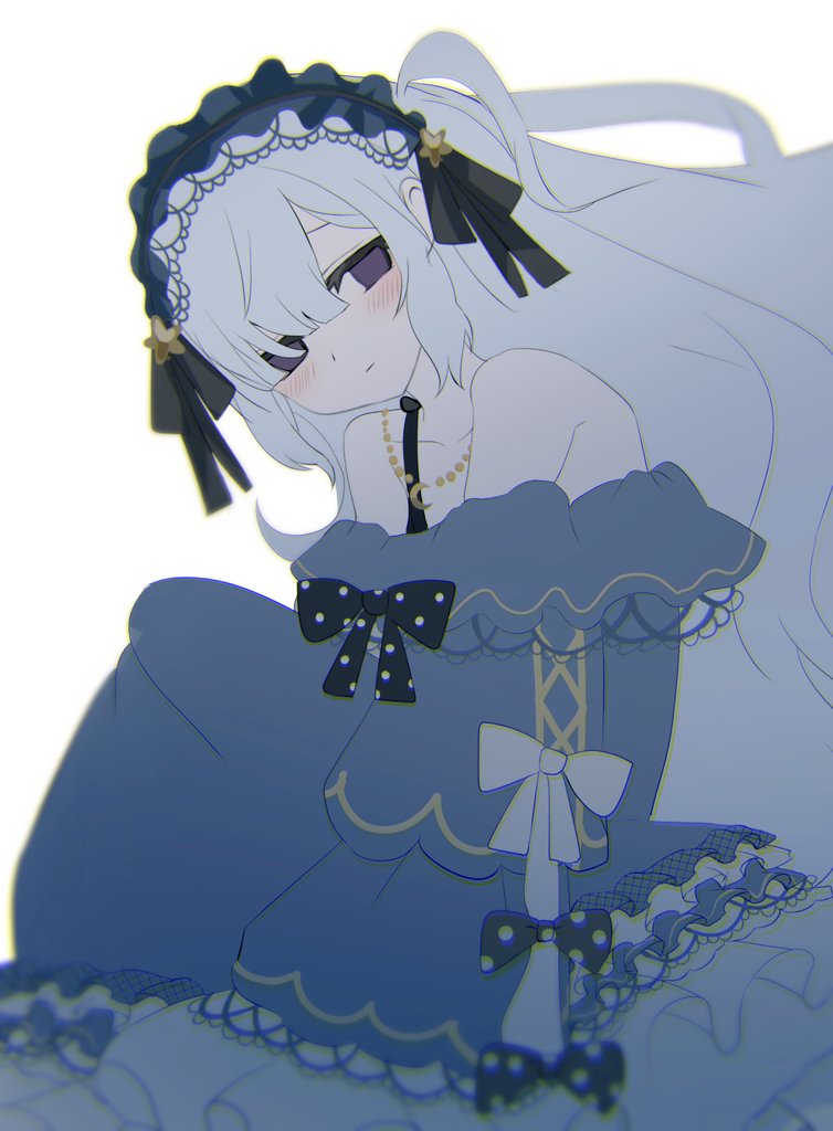natsume an-an, mahou shoujo no majo saiban, commentary request, 1girl, bare shoulders, black ribbon, blue dress, blue hairband, bow, chromatic aberration, closed mouth, crescent, crescent necklace, dress, empty eyes, expressionless, frilled dress, frills, gothic lolita, hair over one eye, hairband, jewelry, knees up, layered sleeves, lolita fashion, lolita hairband, long hair, long sleeves, looking at viewer, magical girl, necklace, one side up, polka dot, polka dot bow, purple eyes, ribbon, simple background, sitting, sleeves past fingers, sleeves past wrists, solo, temari (temarixox), very long hair, white background, white hair