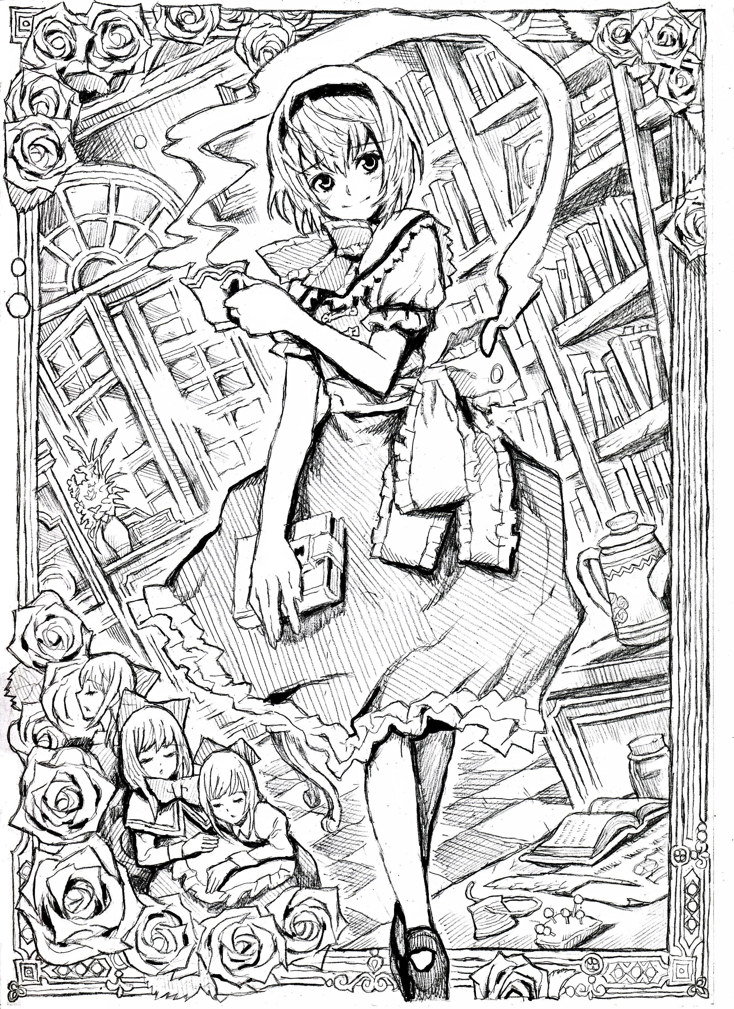 nobita (makoto7060355), alice margatroid, touhou, absurdres, highres, traditional media, 1girl, book, doll, dress, female focus, flower, greyscale, grimoire, grimoire of alice, indoors, monochrome, plant, short hair, solo
