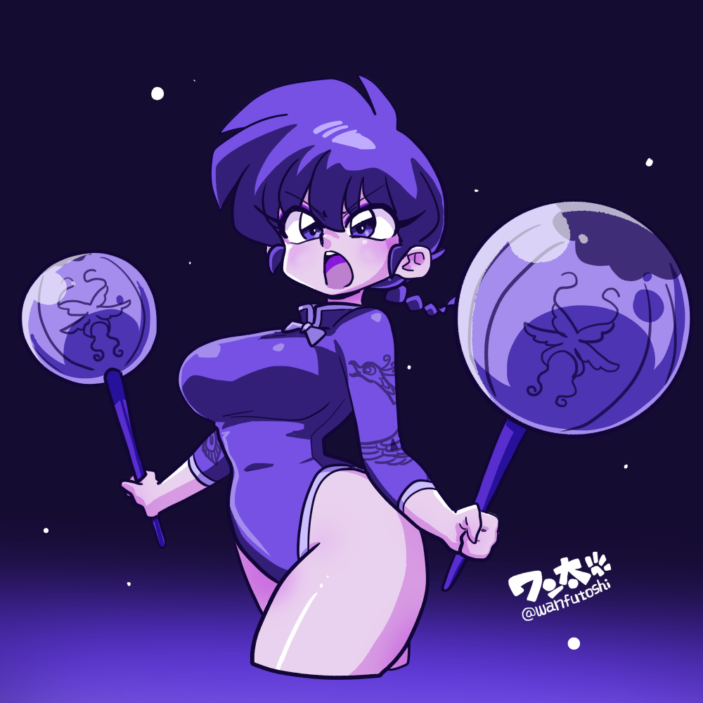 wanta (futoshi), ranma-chan, saotome ranma, ranma 1/2, 1girl, :o, artist name, braid, curvy, dual wielding, genderswap, genderswap (mtf), highleg, highleg leotard, holding, holding weapon, leotard, shiny skin, single braid, solo, weapon, wide hips