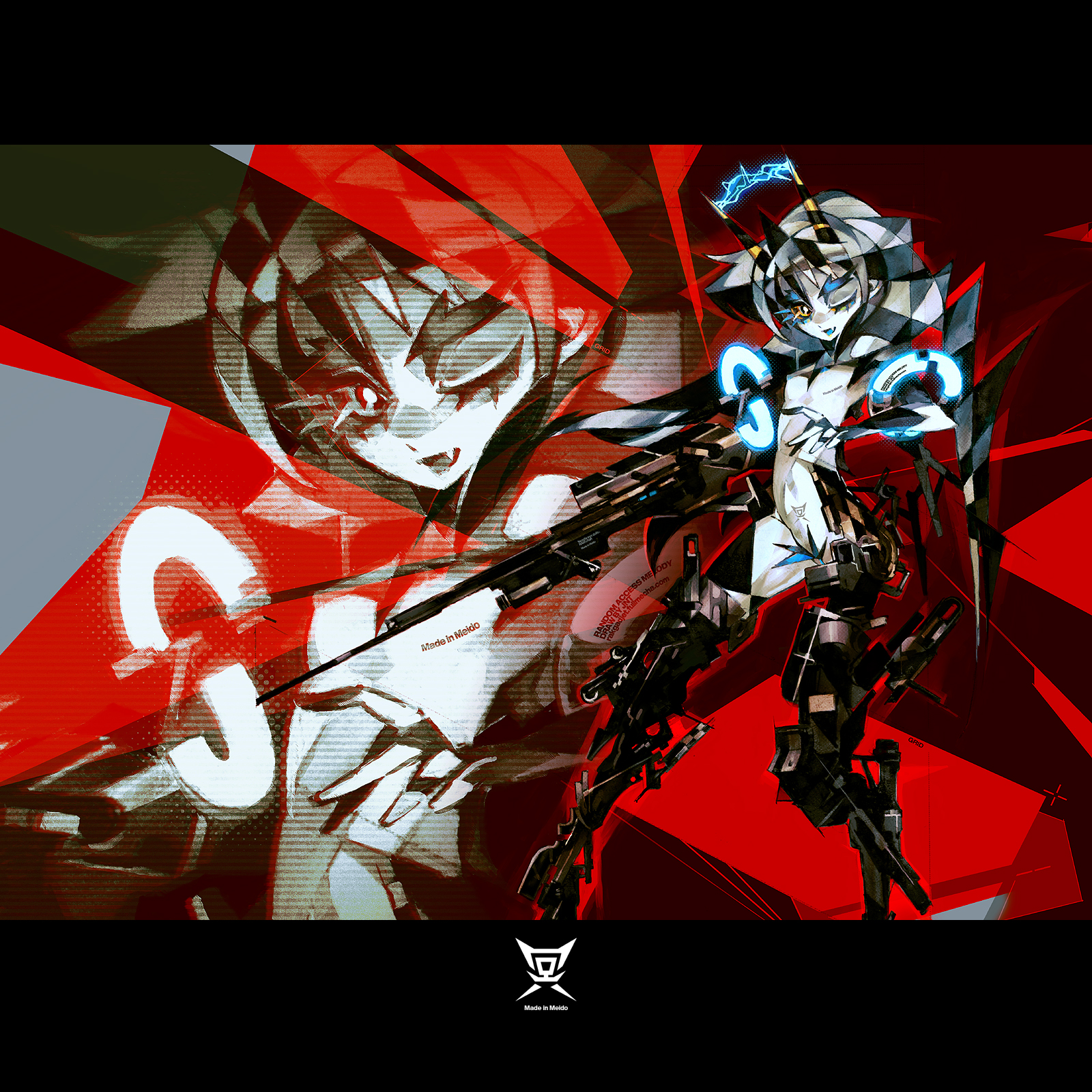 jnt, original, bad id, bad pixiv id, highres, 1girl, breasts, female focus, gun, horns, letterboxed, long hair, looking at viewer, mecha musume, one eye closed, solo, weapon, wink, zoom layer