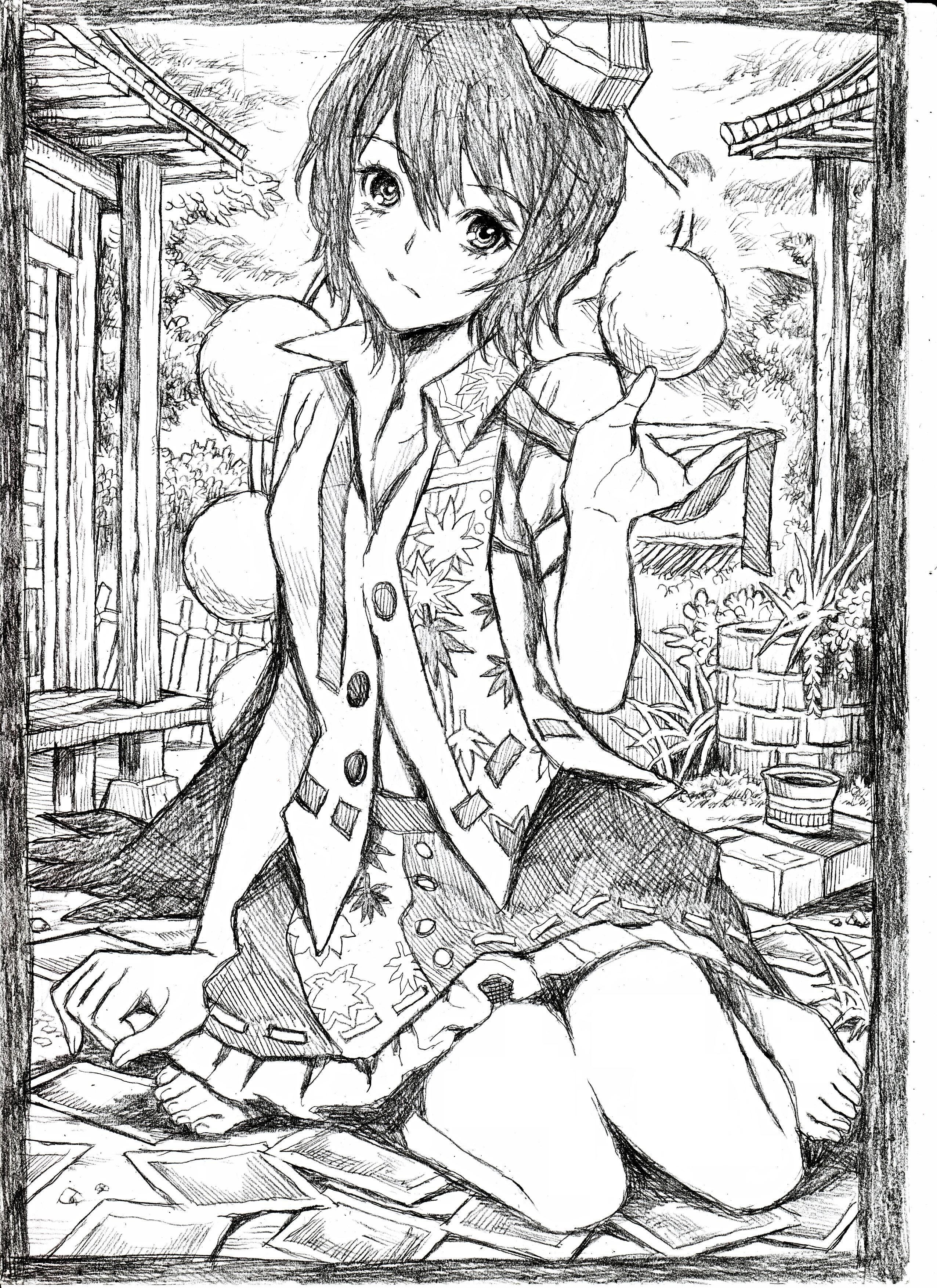 nobita (makoto7060355), shameimaru aya, touhou, absurdres, bad id, bad pixiv id, highres, traditional media, 1girl, barefoot, expressionless, female focus, greyscale, hat, looking at viewer, monochrome, short hair, sketch, solo