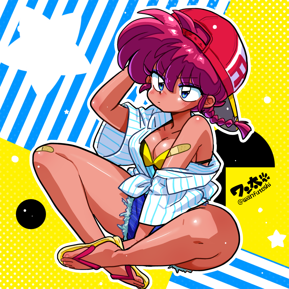 wanta (futoshi), ranma-chan, saotome ranma, ranma 1/2, 1girl, braid, breasts, cleavage, genderswap, genderswap (mtf), single braid, sitting, solo, tan