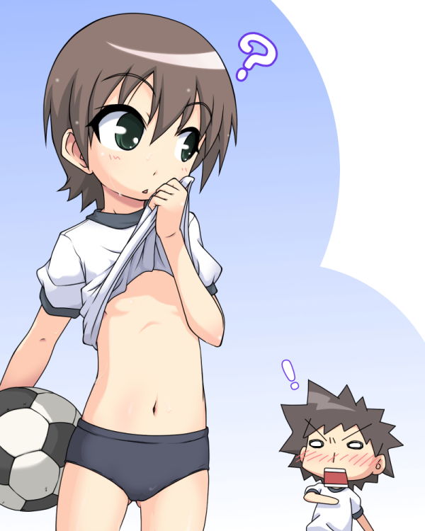 k10k, hirakawa natsumi, satou ryouta, kyou no go no ni, 00s, 1boy, 1girl, ?, ball, breasts, buruma, clothes lift, flat chest, loli, shirt lift, small breasts, soccer ball, telstar, underboob
