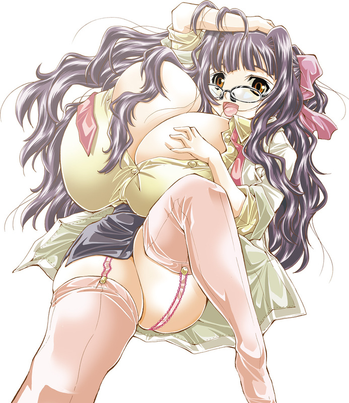 matsuyama seiji, seiji matsuyama, 1girl, breasts, bursting breasts, cleavage, female focus, garter belt, gigantic breasts, glasses, huge breasts, long hair, necktie, open clothes, open mouth, open shirt, purple hair, shirt, smile, solo, thighhighs, very long hair