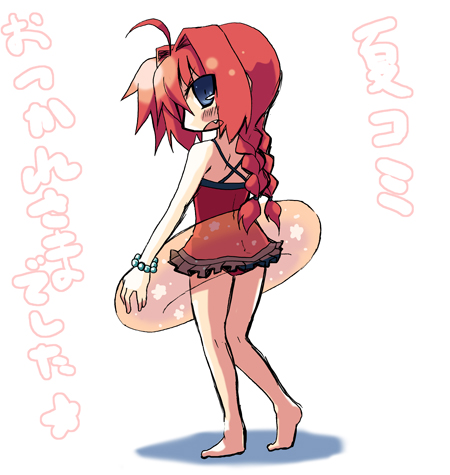 nanateru, tenjyou nanaki, vita (nanoha), lyrical nanoha, mahou shoujo lyrical nanoha, lowres, translated, 00s, 1girl, ahoge, barefoot, bracelet, casual one-piece swimsuit, eyes visible through hair, female focus, from behind, jewelry, one-piece swimsuit, solo, swimsuit
