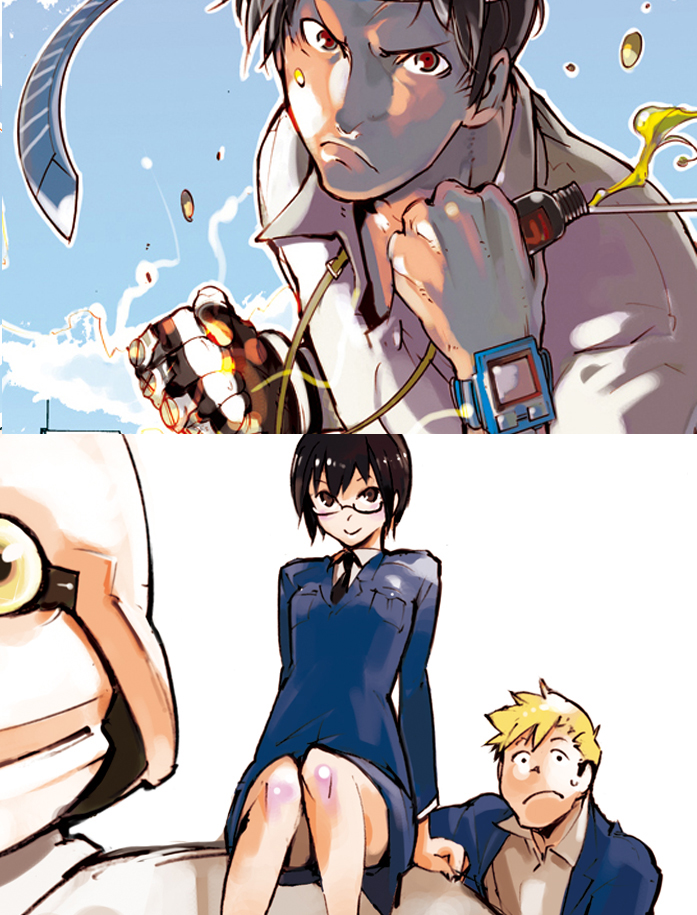 miyashita hiroki, kamiya shino, monju, yamagishi junpei, seigi keikan monju, 1girl, 2boys, black hair, blonde hair, multiple boys, necktie, police, police uniform, robot, short hair