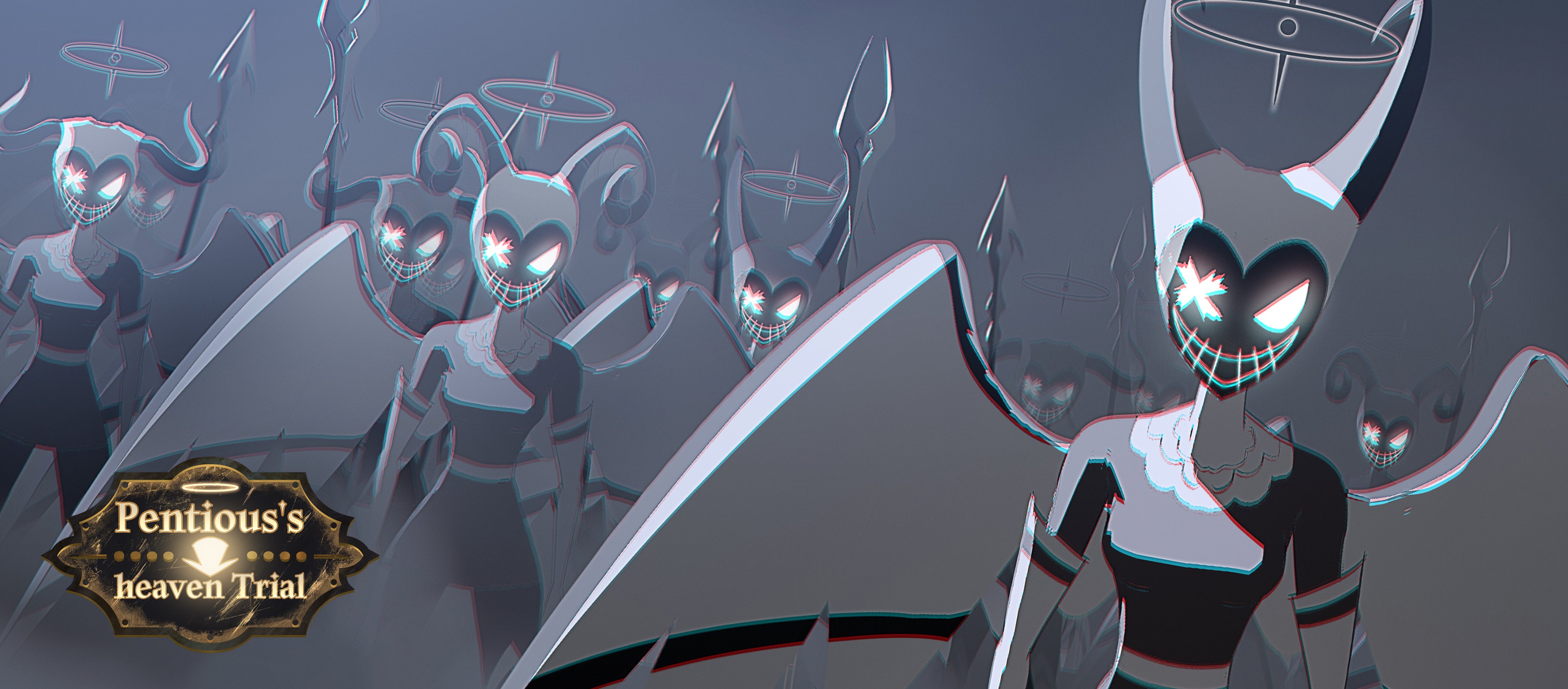 grimmie02, hazbin hotel, hellaverse, absurdres, highres, 6+girls, artist name, black pantyhose, boots, breasts, cowboy shot, elbow gloves, english text, exorcist (hazbin hotel), facing viewer, gloves, glowing, glowing eyes, halo, horned mask, mask, medium breasts, multiple girls, pantyhose, snow, thigh boots, white boots, white gloves, wings