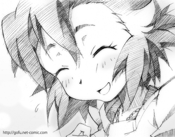 gofu, aoba tsugumi, kannagi, traditional media, 00s, blush, closed eyes, greyscale, monochrome, sketch, smile, solo