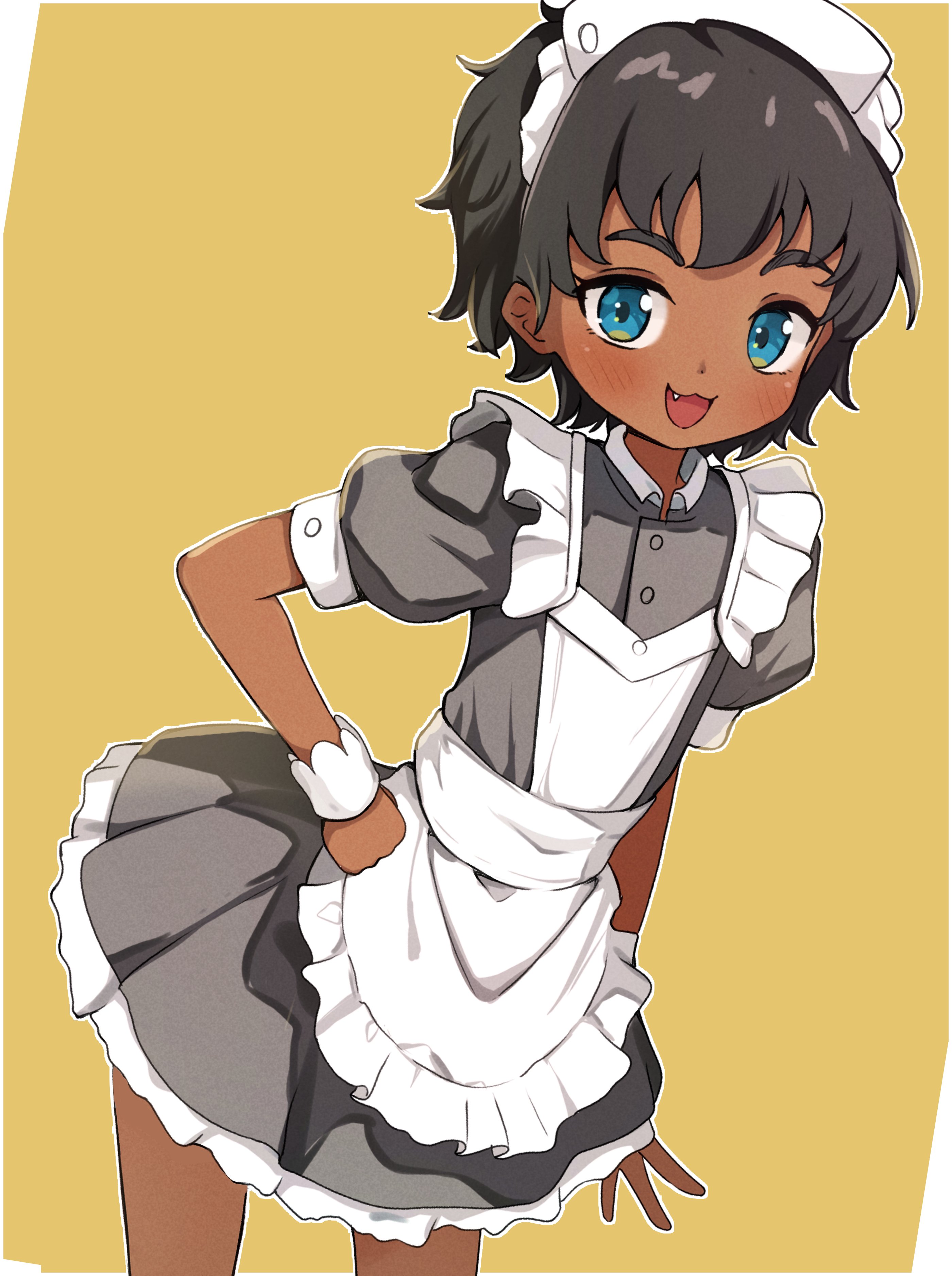 ogaoekaki, vani (gundam), gundam, gundam gquuuuuux, absurdres, commentary request, highres, 1girl, :3, apron, aqua eyes, blush, dark-skinned female, dark skin, dress, fang, grey dress, hand on own hip, maid, maid apron, maid headdress, open mouth, outline, puffy short sleeves, puffy sleeves, short hair, short sleeves, simple background, solo, white apron, white outline, wrist cuffs, yellow background