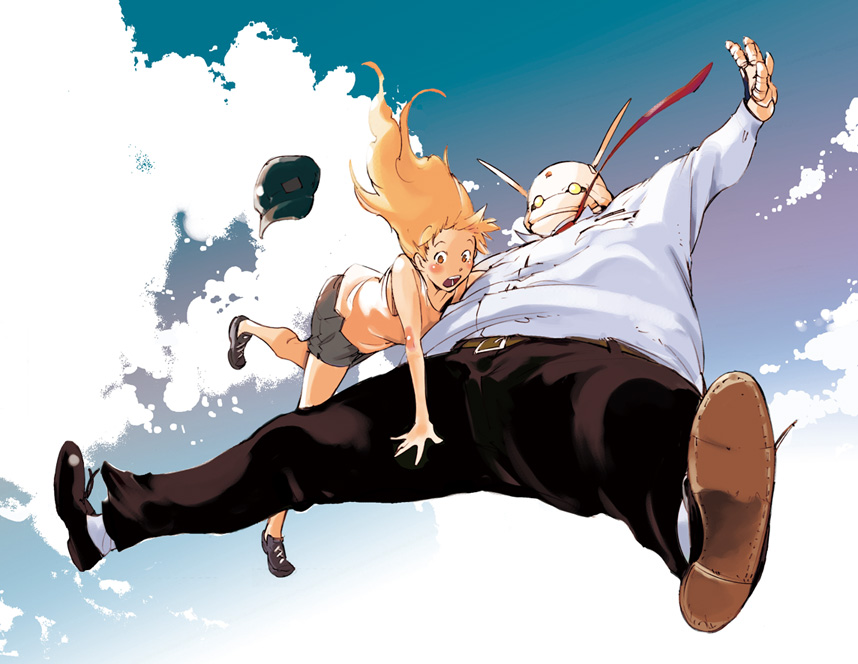 miyashita hiroki, kashiwagi mana, monju, seigi keikan monju, 1boy, 1girl, falling, hat, sky