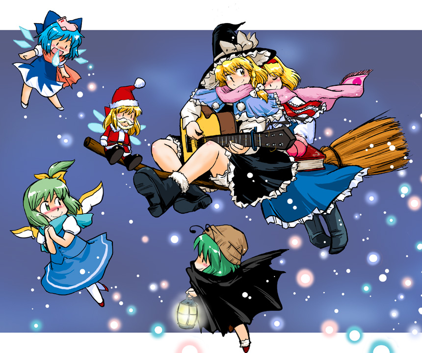 azuki osamitsu, alice margatroid, cirno, daiyousei, kirisame marisa, shanghai doll, wriggle nightbug, touhou, 6+girls, antennae, blonde hair, bloomers, blue hair, blush, book, bow, braid, broom, broom riding, cape, chibi, christmas, doll, dress, fairy wings, female focus, frills, green eyes, green hair, guitar, hairband, hat, hat bow, ice, instrument, lantern, light particles, mittens, multiple girls, runny nose, santa costume, scarf, short hair, snot, socks, underwear, wings, you're doing it wrong, yuri