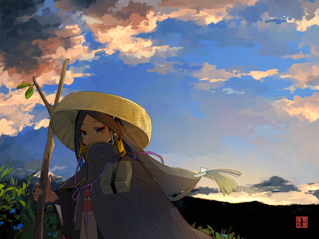 original, hashtag-only commentary, 1girl, cane, cloak, cloud, cloudy sky, earrings, evening, expressionless, gradient sky, japanese clothes, jewelry, kimono, long hair, low-tied long hair, oatu okkay, outdoors, red sash, sandogasa, sash, sky, solo, stick, sunset