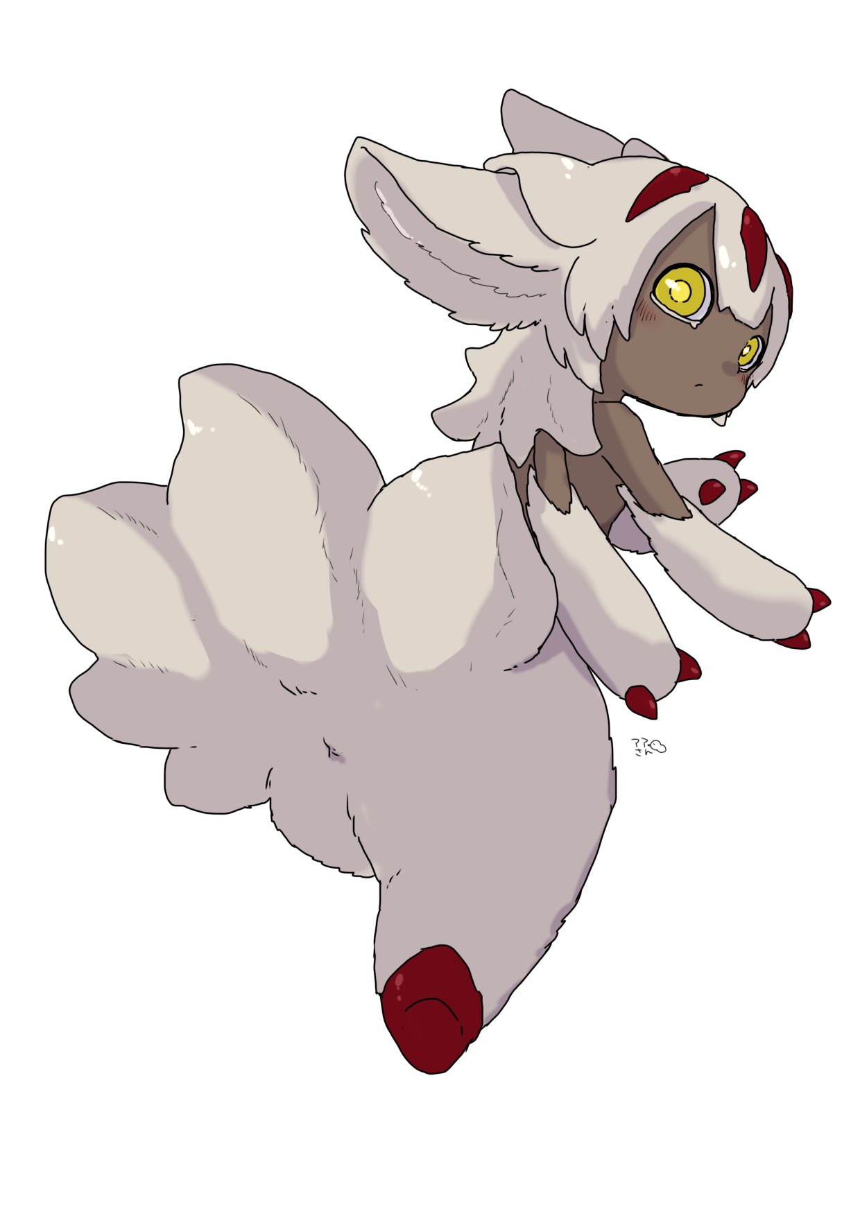 auchu jin, faputa, made in abyss, highres, 1girl, animal ears, anus, black skin, body fur, claws, colored skin, extra arms, from behind, full body, looking back, monster girl, multiple tails, simple background, solo, tail, white background, white fur, white hair, yellow eyes