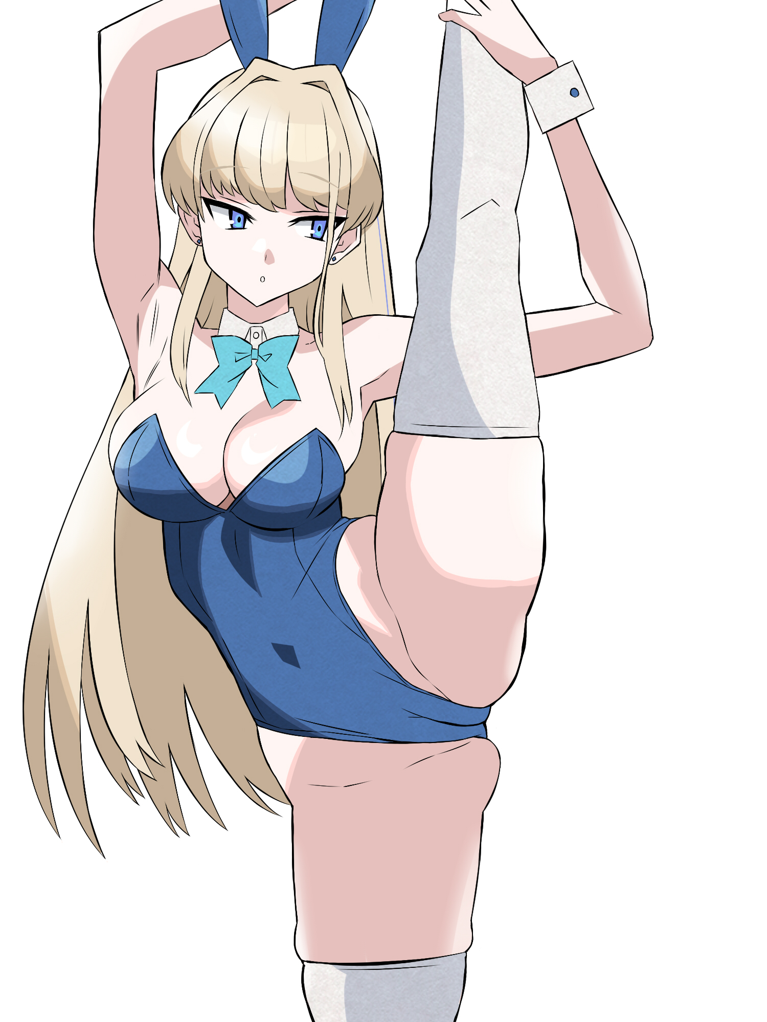 kagemusha, toki (blue archive), toki (bunny) (blue archive), blue archive, highres, 1girl, animal ear hairband, animal ears, blonde hair, blue bow, blue bowtie, blue eyes, blue halo, blue leotard, bow, bowtie, breasts, cameltoe, cleavage, facing viewer, fake animal ears, hairband, halo, highleg, leg up, leotard, long hair, medium breasts, parted lips, playboy bunny, rabbit ear hairband, rabbit ears, sideways glance, simple background, solo, split, standing, standing on one leg, standing split, thighhighs, very long hair, white background, white thighhighs, wrist cuffs