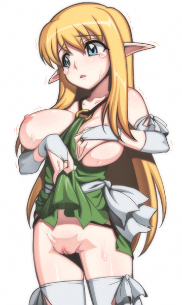 caryo, nanashino, tiffania westwood, zero no tsukaima, nude filter, third-party edit, 00s, blonde hair, blue eyes, breasts, bridal gauntlets, clothes lift, dress, dress lift, elf, large breasts, nipples, pointy ears, pussy, solo, tears, uncensored