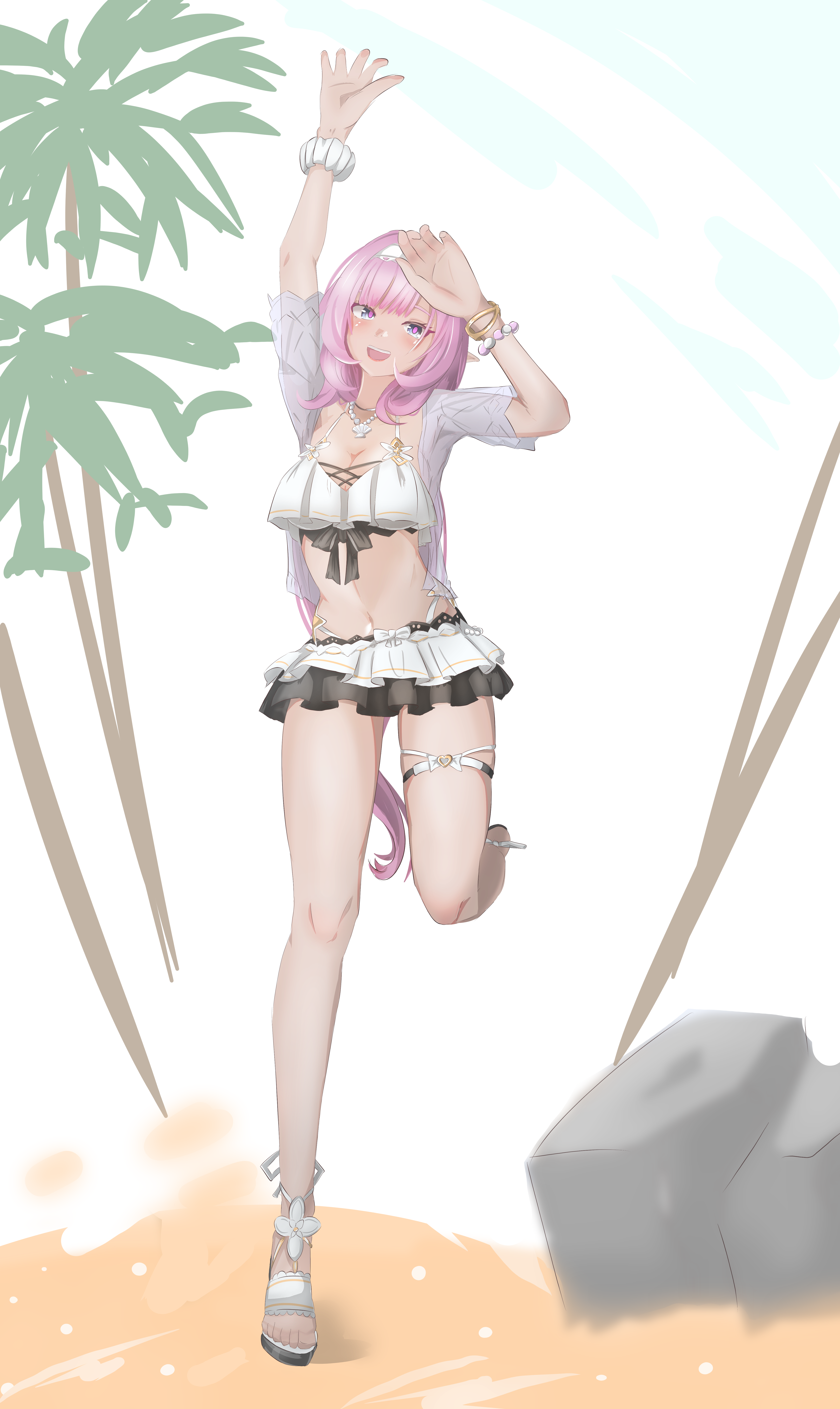 erasumo3821, elysia (honkai impact), elysia (miss pink elf) (honkai impact), elysia (summer miss elf) (honkai impact), honkai (series), honkai impact 3rd, absurdres, commentary request, highres, 1girl, bikini, bikini skirt, blue eyes, blue jacket, breasts, cleavage, hairband, jacket, large breasts, leg up, long hair, navel, official alternate costume, palm tree, pink hair, sand, sandals, scrunchie, solo, stomach, swimsuit, thigh strap, toes, tree, very long hair, white bikini, white hairband, wrist scrunchie