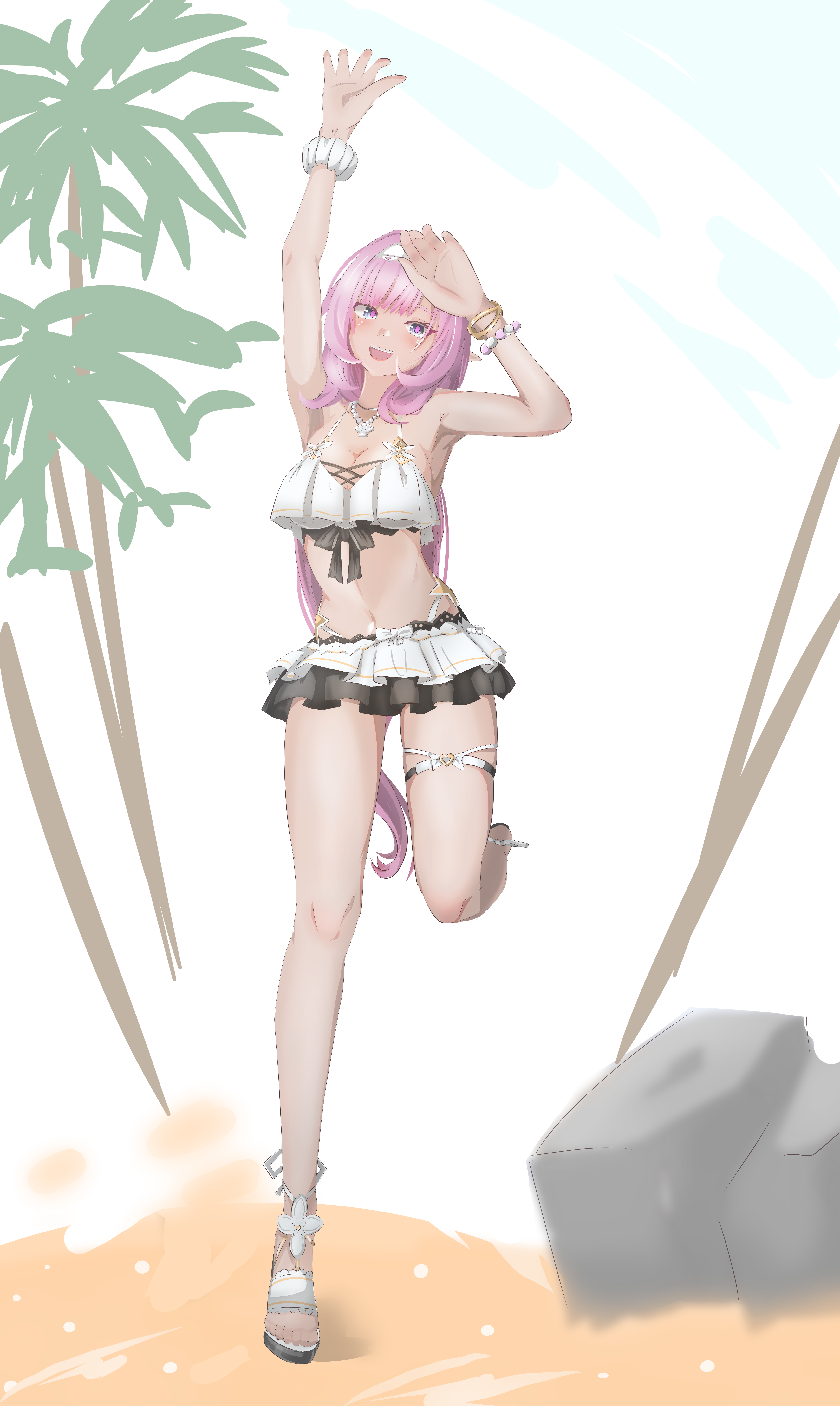 erasumo3821, elysia (honkai impact), elysia (miss pink elf) (honkai impact), elysia (summer miss elf) (honkai impact), honkai (series), honkai impact 3rd, absurdres, commentary request, highres, 1girl, bikini, bikini skirt, blue eyes, breasts, cleavage, hairband, large breasts, leg up, long hair, navel, official alternate costume, palm tree, pink hair, sand, sandals, scrunchie, solo, stomach, swimsuit, thigh strap, toes, tree, very long hair, white bikini, white hairband, wrist scrunchie